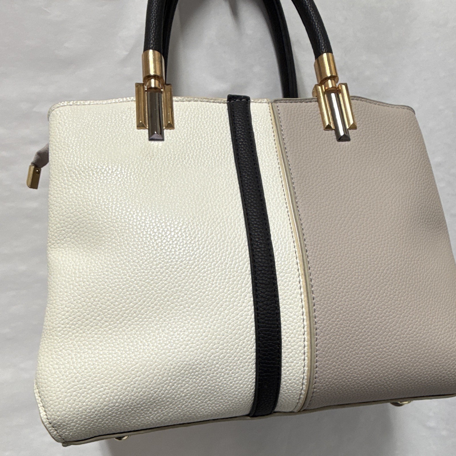 Women’s Beige/White/Black Colorblock Satchel Top Handle Zip Detachable Strap