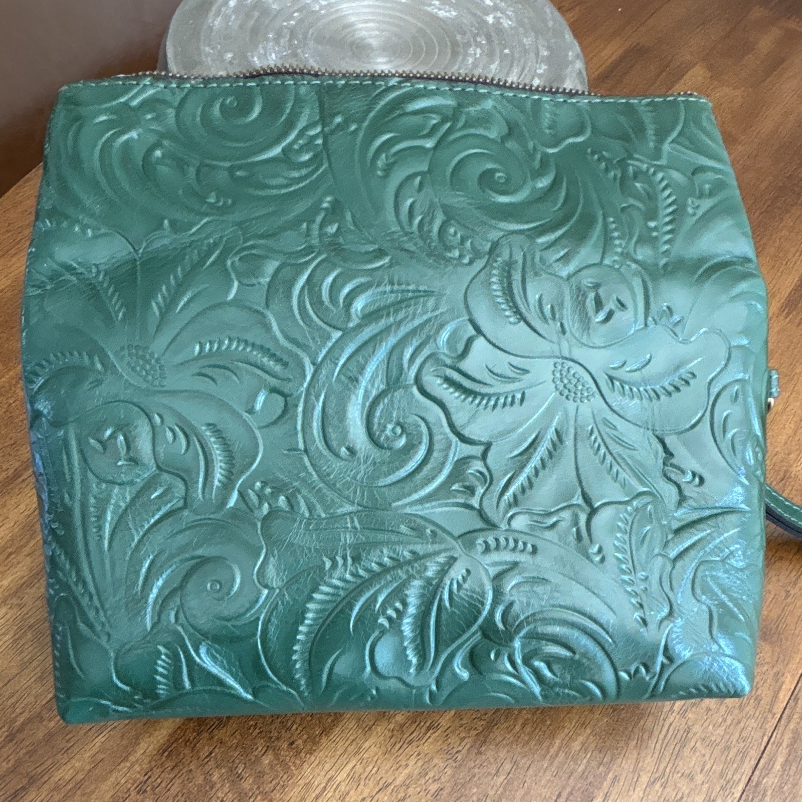 Patricia Nash Green Embossed Floral Zip Wristlet Clutch Bag