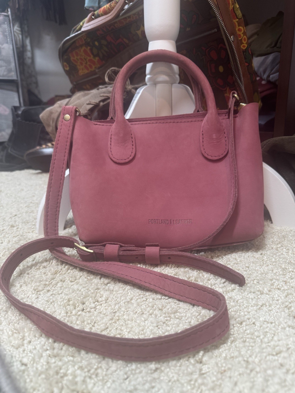 PORTLAND LEATHER Raindrop Small Crossbody Tote Foxglove Dusty Rose Soft