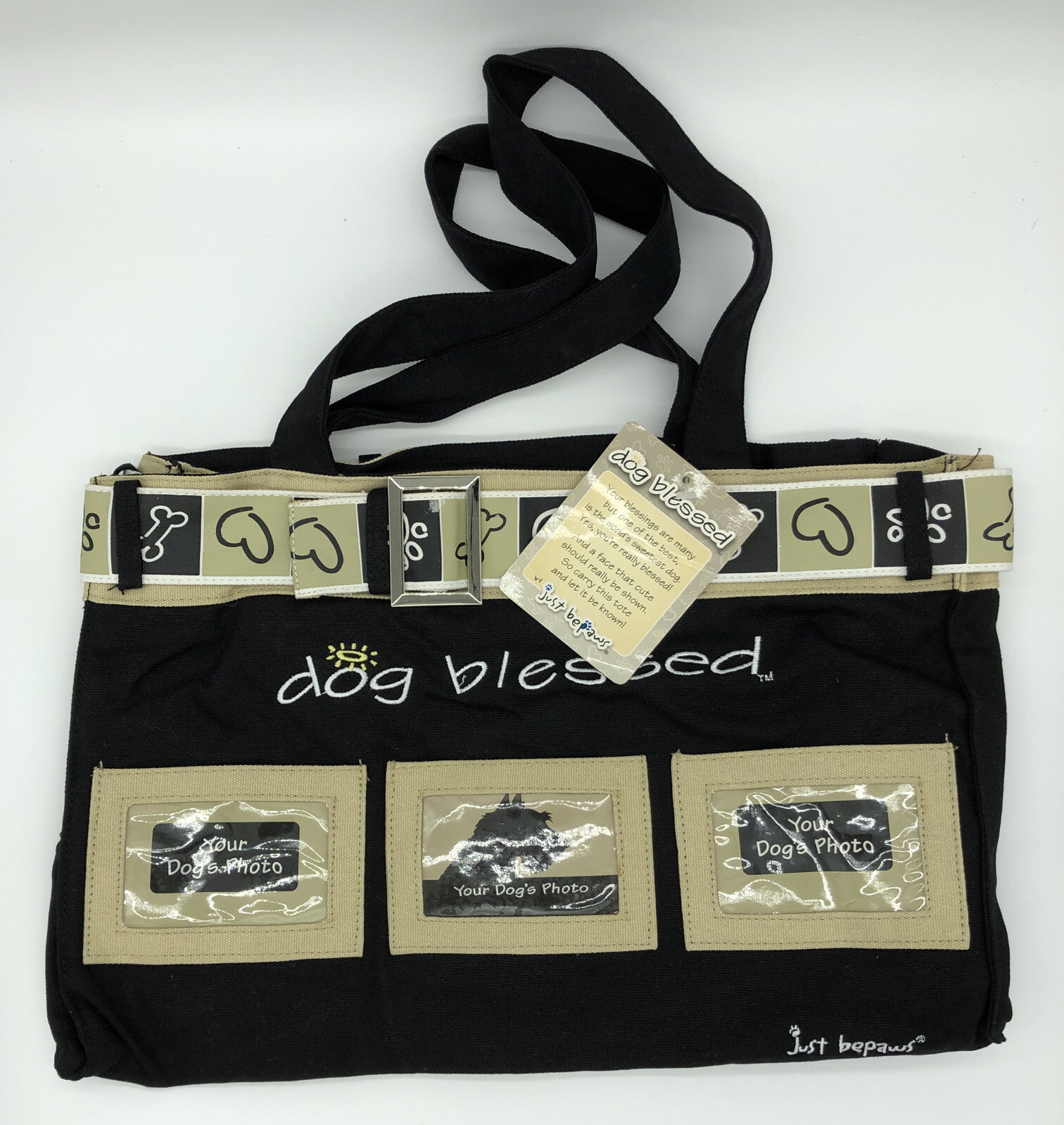 New Dog Blessed Large Tote Bag Just BePaws Black Holds 3 Photos Paw Print