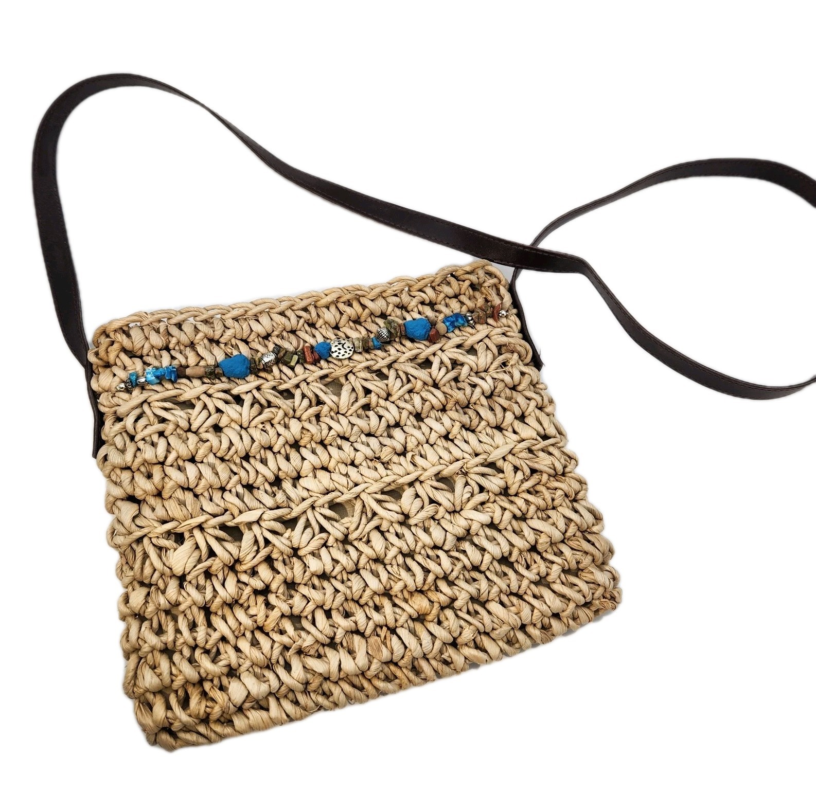 Vintage Woven Straw Purse Bag Crossbody Rock Beads Zip Lined Lightweight 9″x8″