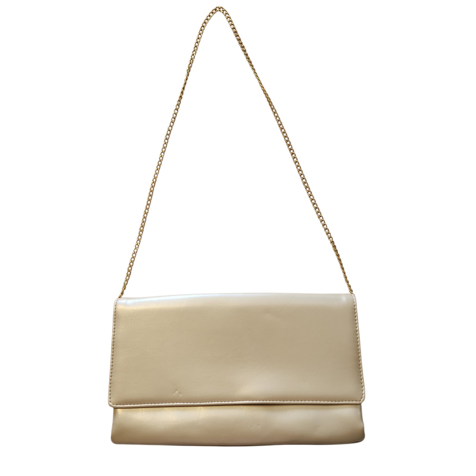 Vintage Shimmer Beige Clutch Envelope Faux Leather Formal Casual Metal Chain