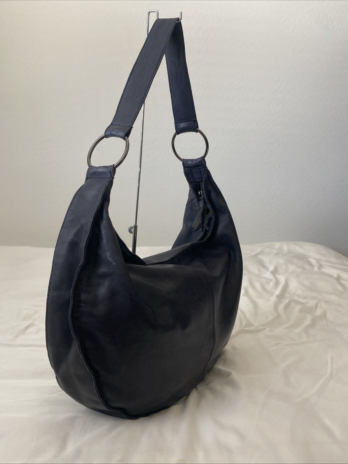 by Anthropologie XL Black Genuine Sheep Leather Hobo Shoulder Bag Boho Slouchy