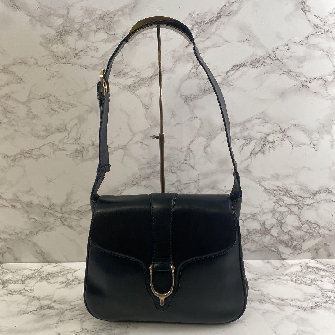 GUCCI Old Gucci Shoulder Bag Leather Navy Gold 11 x 8.7 x 2.8 inch Made in Italy