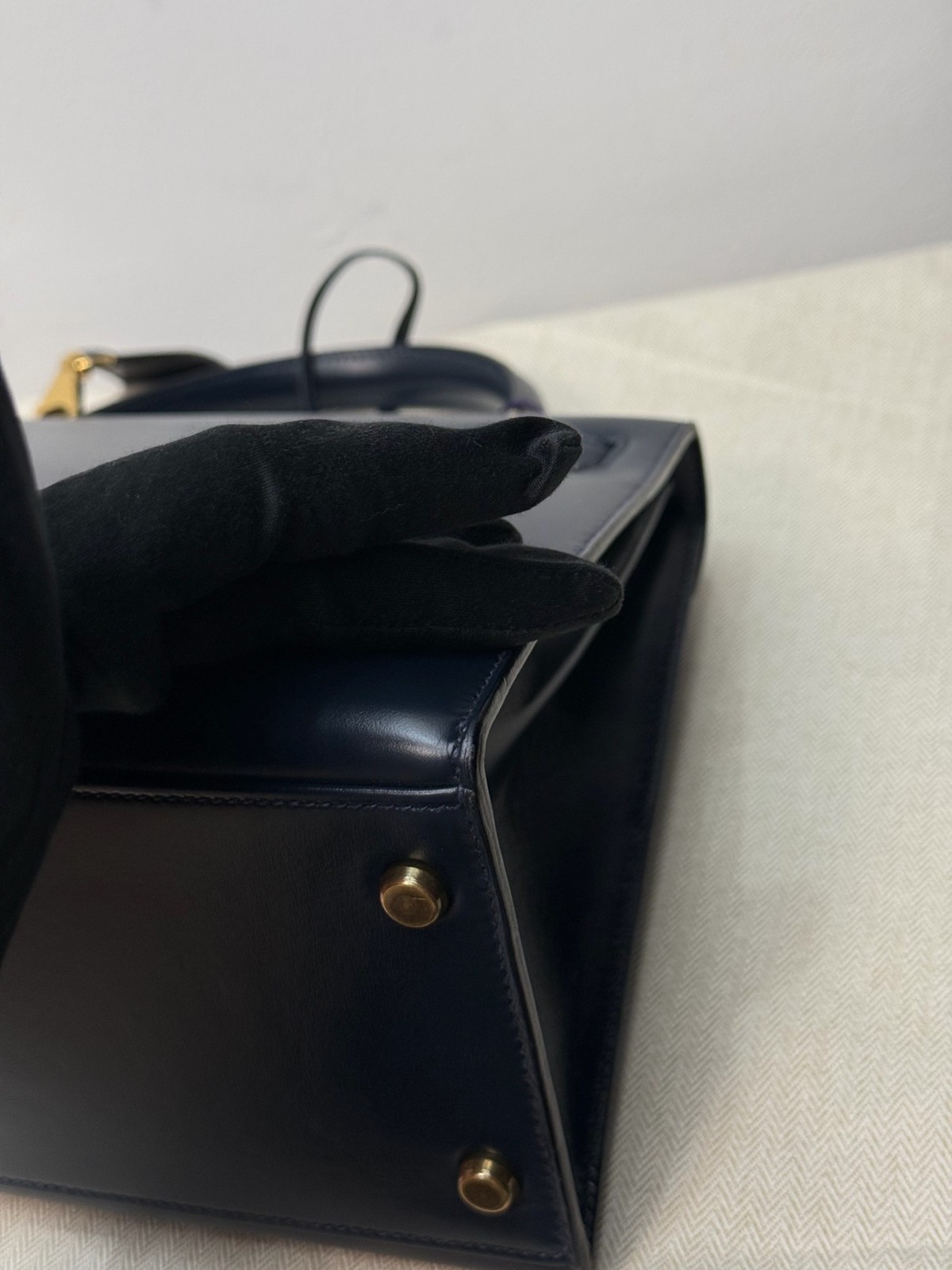 AUTH Hermès Kelly 28 Navy Box Leather Gold Hardware Dual Strap Handbag