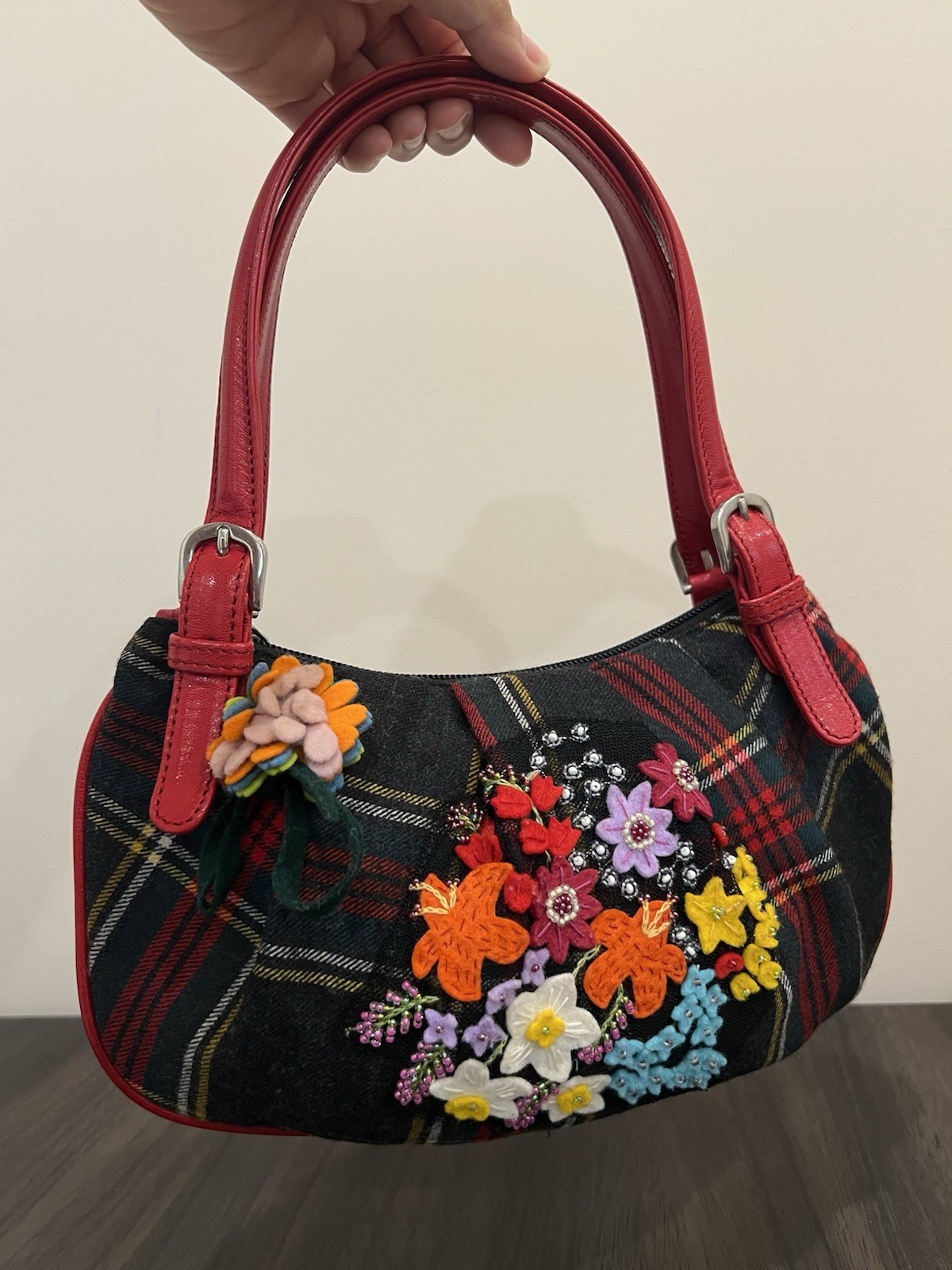 Vintage Moschino Tartan Plaid and Felted Wool Small Handbag