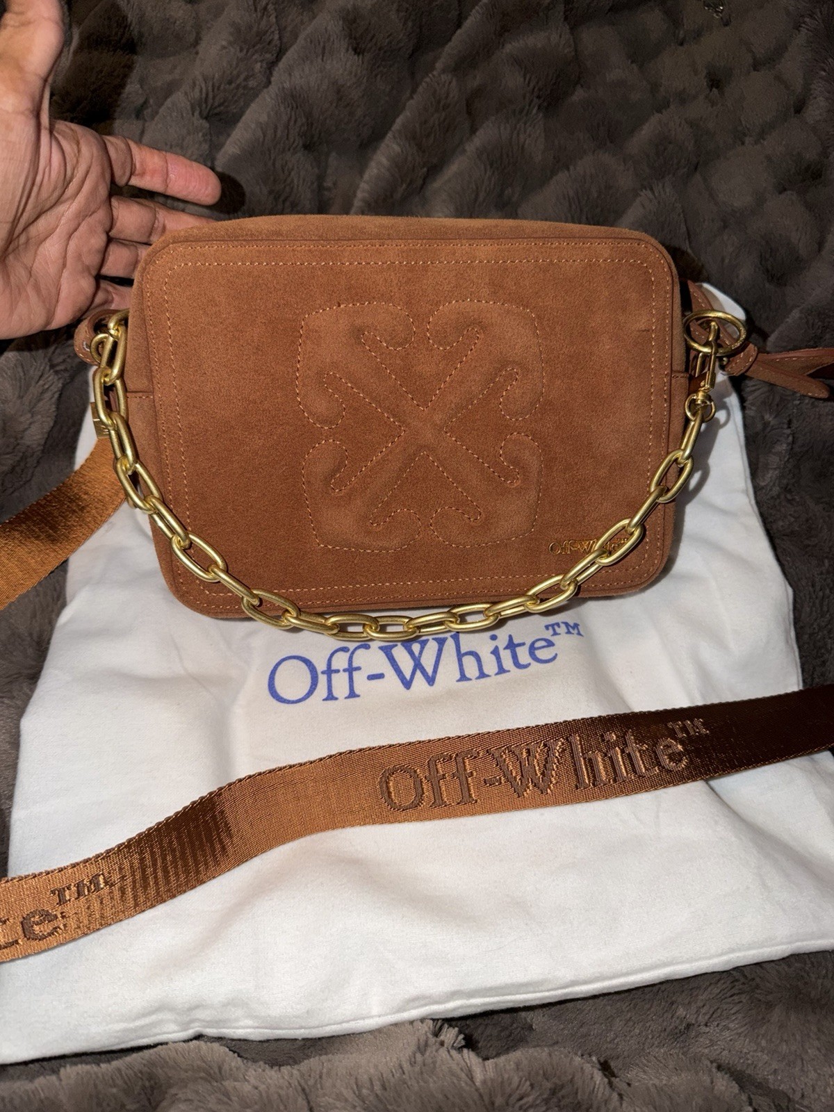 Off-White Brown Logo Crossbody Bag Gold Chain Strap Adjustable, Dust Bag