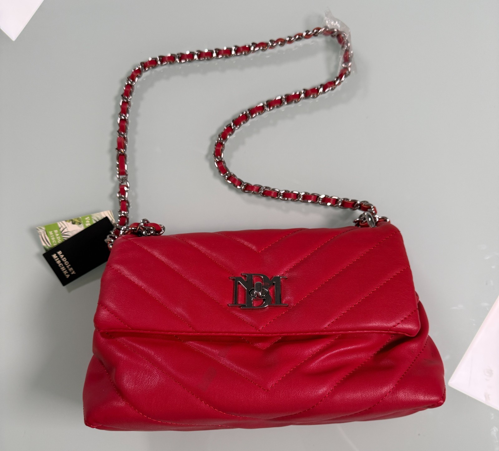 NWT Badgley Mischka Vegan leather Red V- Quilting Crossbody W/ Letter Lock