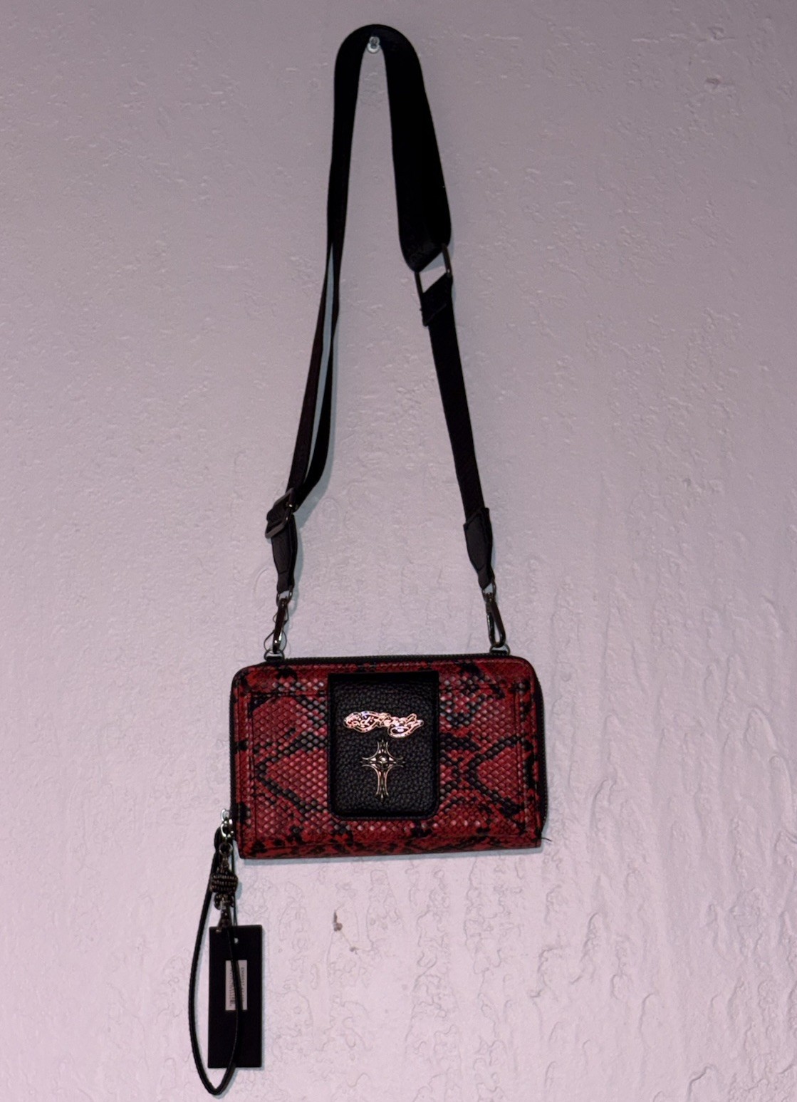 Ed Hardy Red Snake Print Crossbody Bag NWT Double Zip Adjustable Strap 8×4.5×2