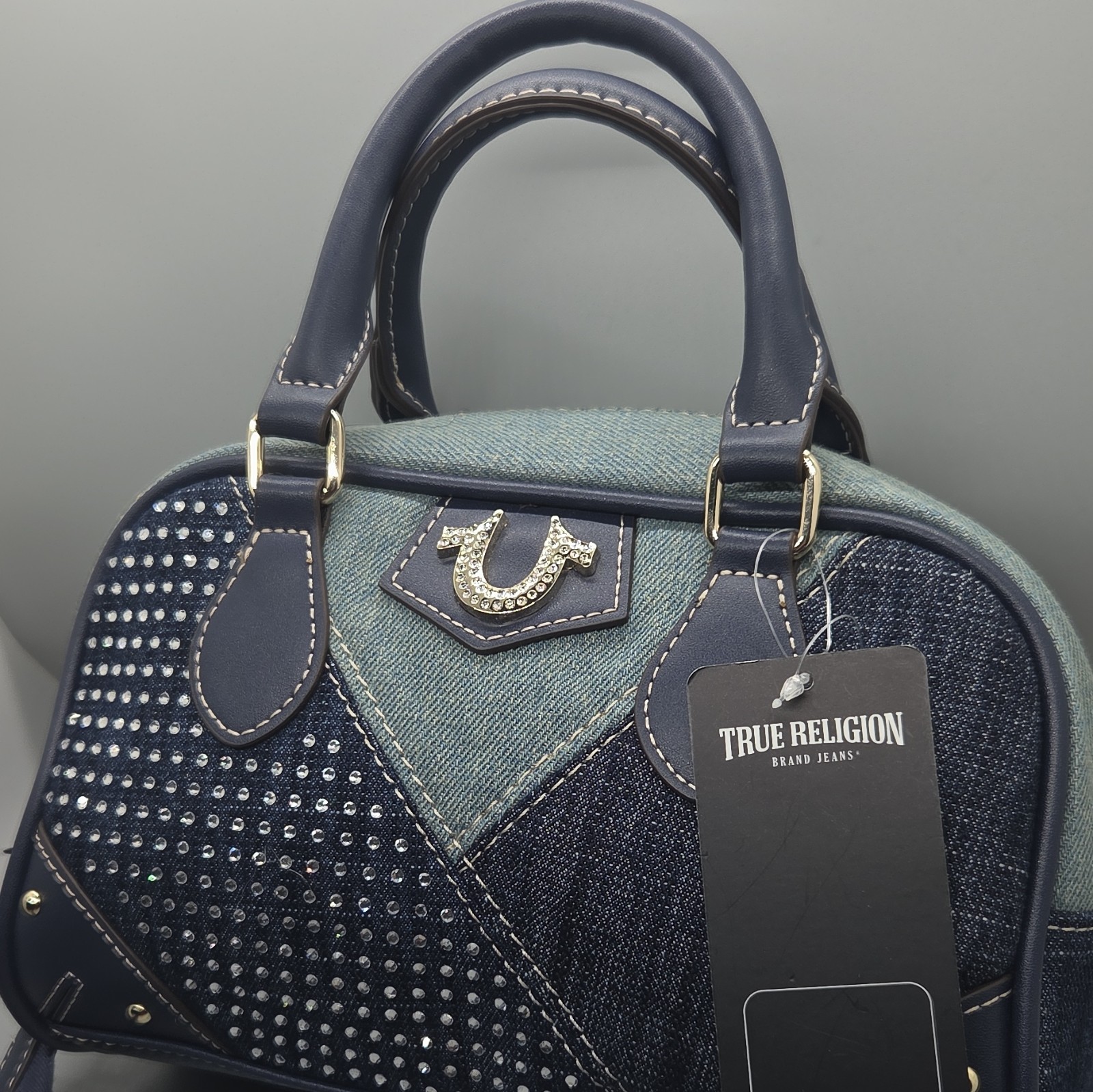 True Religion Blue Studded Logo Satchel Top Handle Zip Detachable Strap