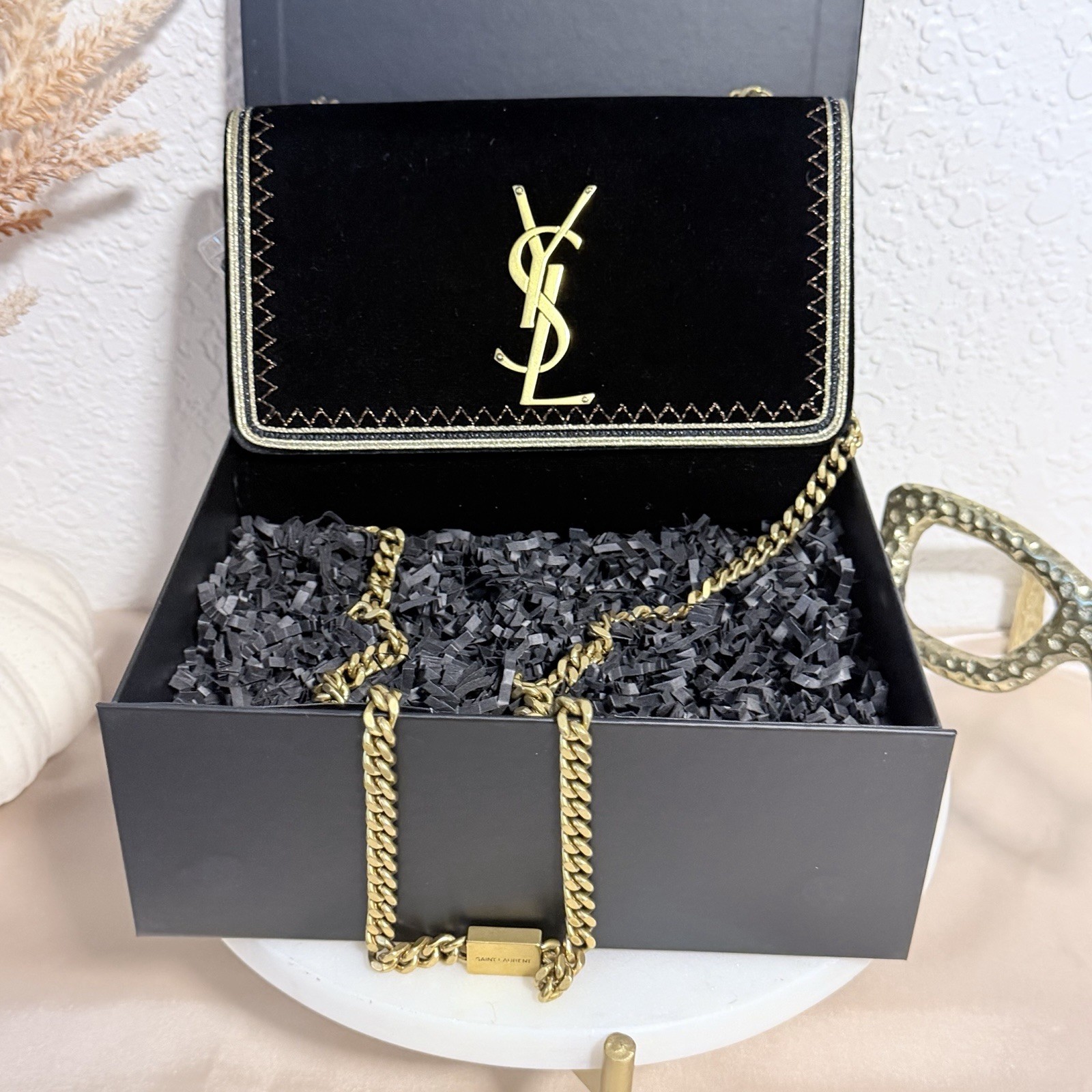 Saint Laurent YSL Kate Velvet with Gold Chain Strap Logo w/ Auth Cert