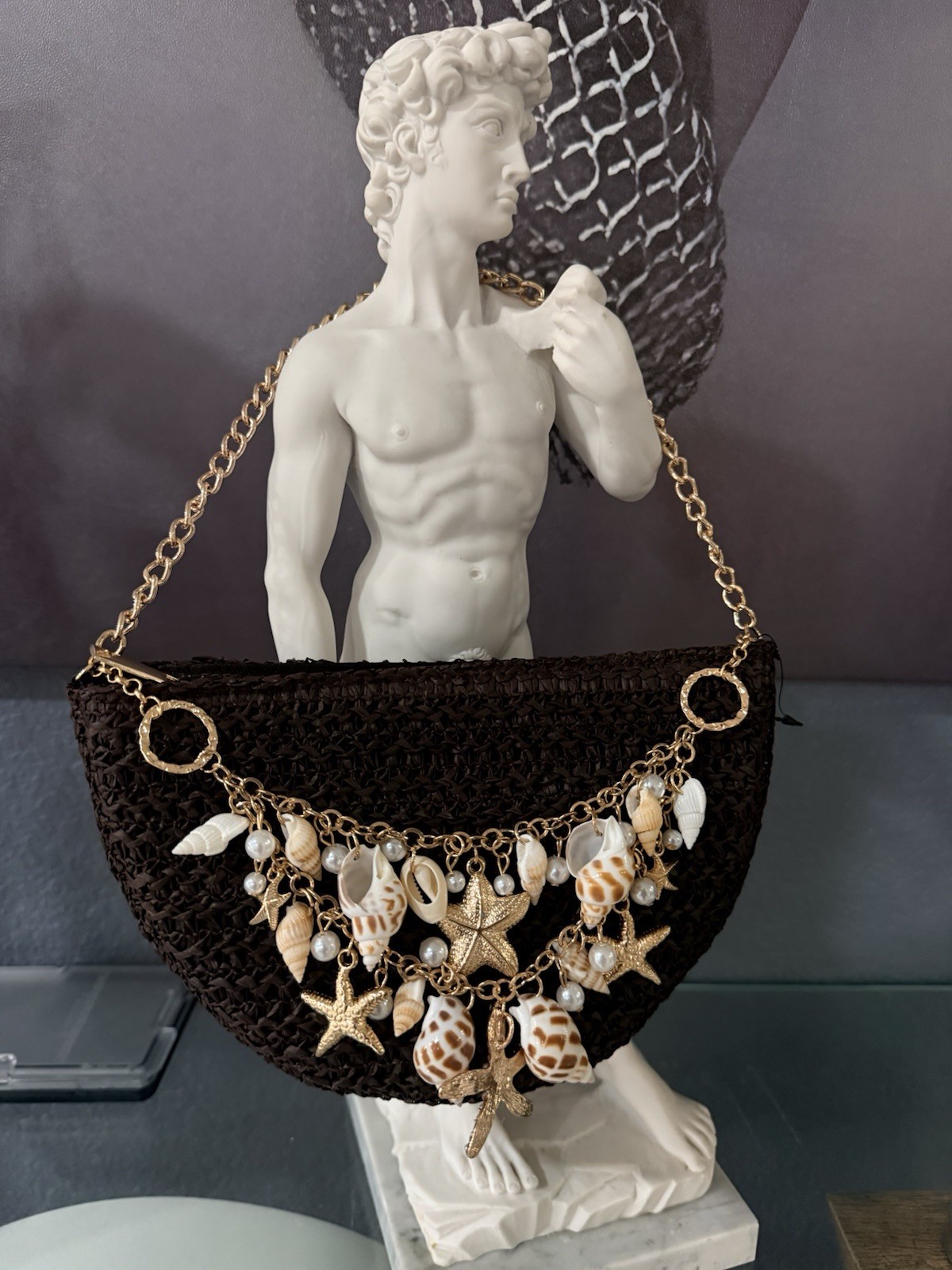 Woven Straw Shoulder Bag with Gold Chain Shell Starfish Brown