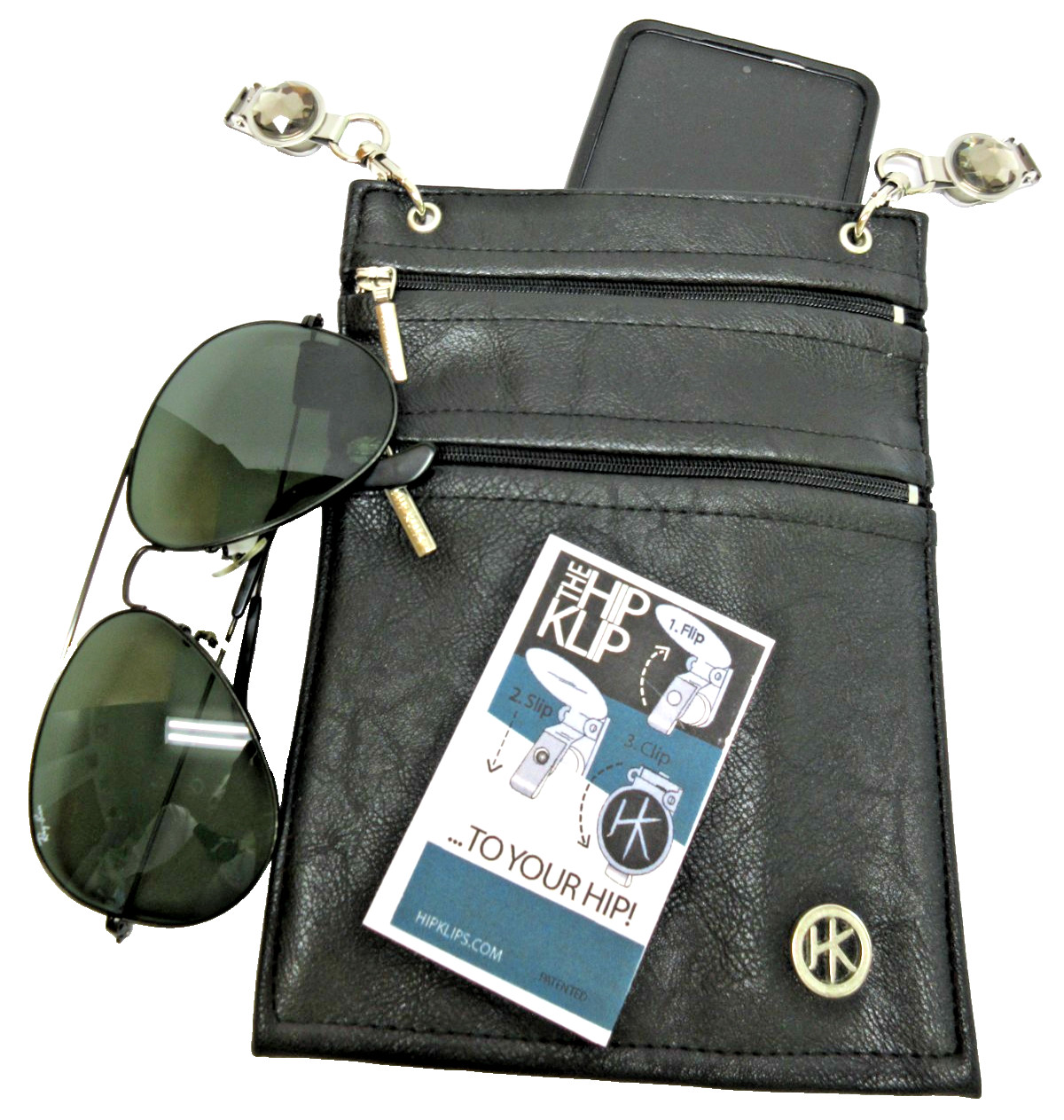 HIP KLIP XL 6×8 Black Vegan Leather Pocket Pouch w Bling Klips