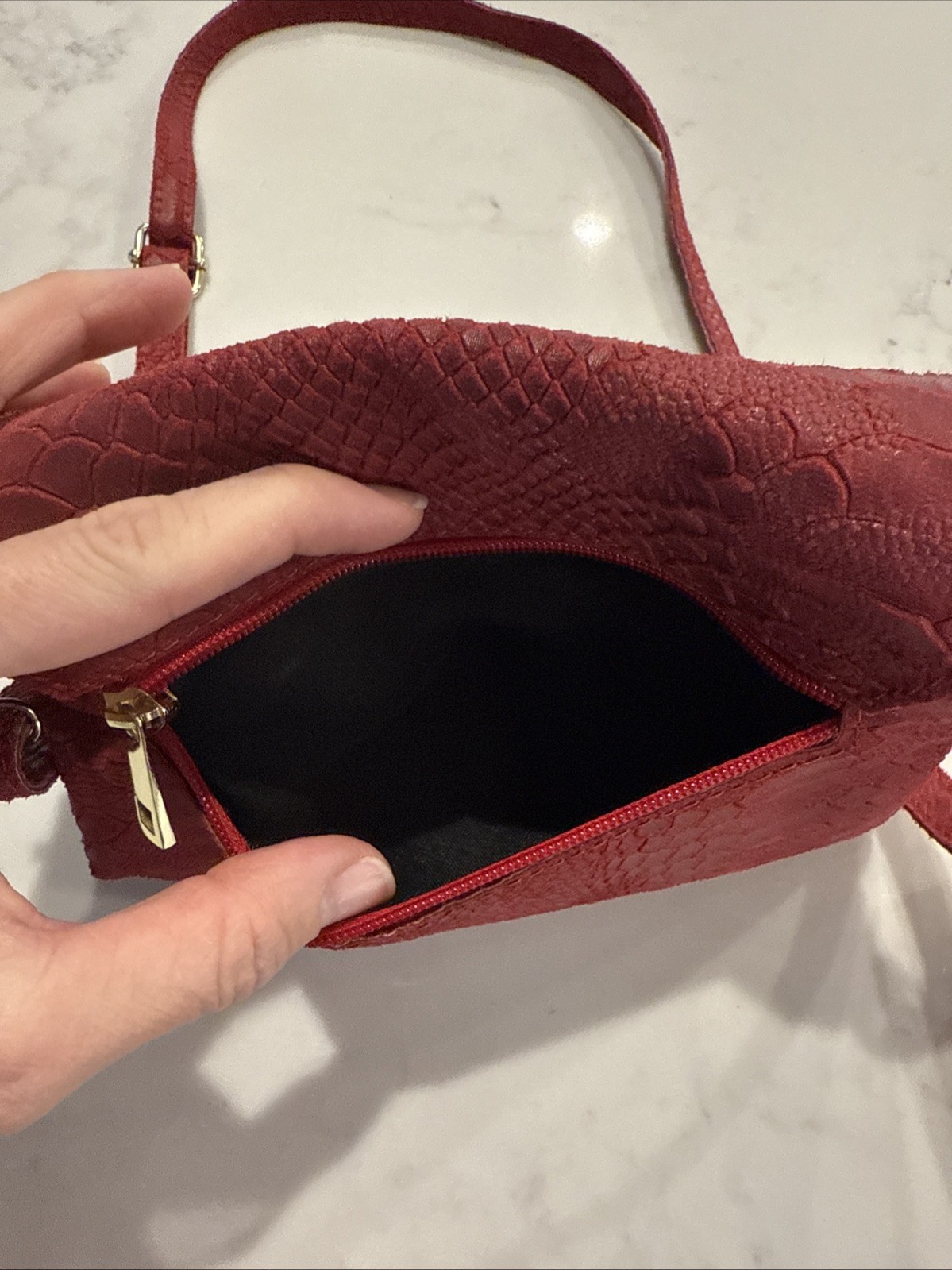 Sofia C. Satchel Purse Bag Red Leather Reptile Made In Italy, 9 x 7 x 1″