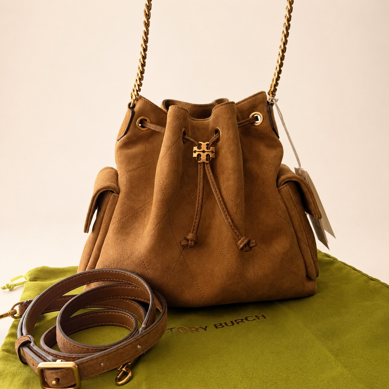 Authentic Tory Burch Charlie Quilted Toffee Suede Drawstring Bag NWT NO Duties