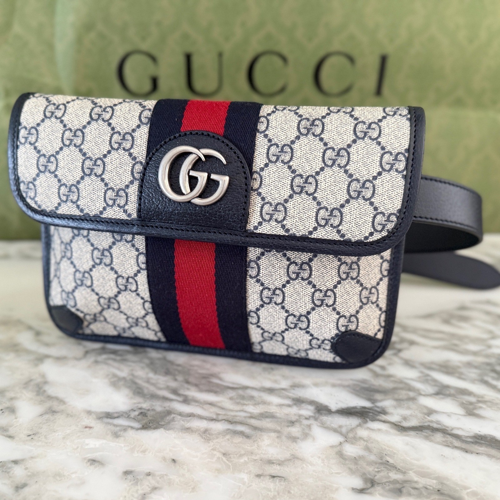 Gucci Ophidia GG Supreme Belt Bag Blue Red Web Stripe Silver 674081 size 90