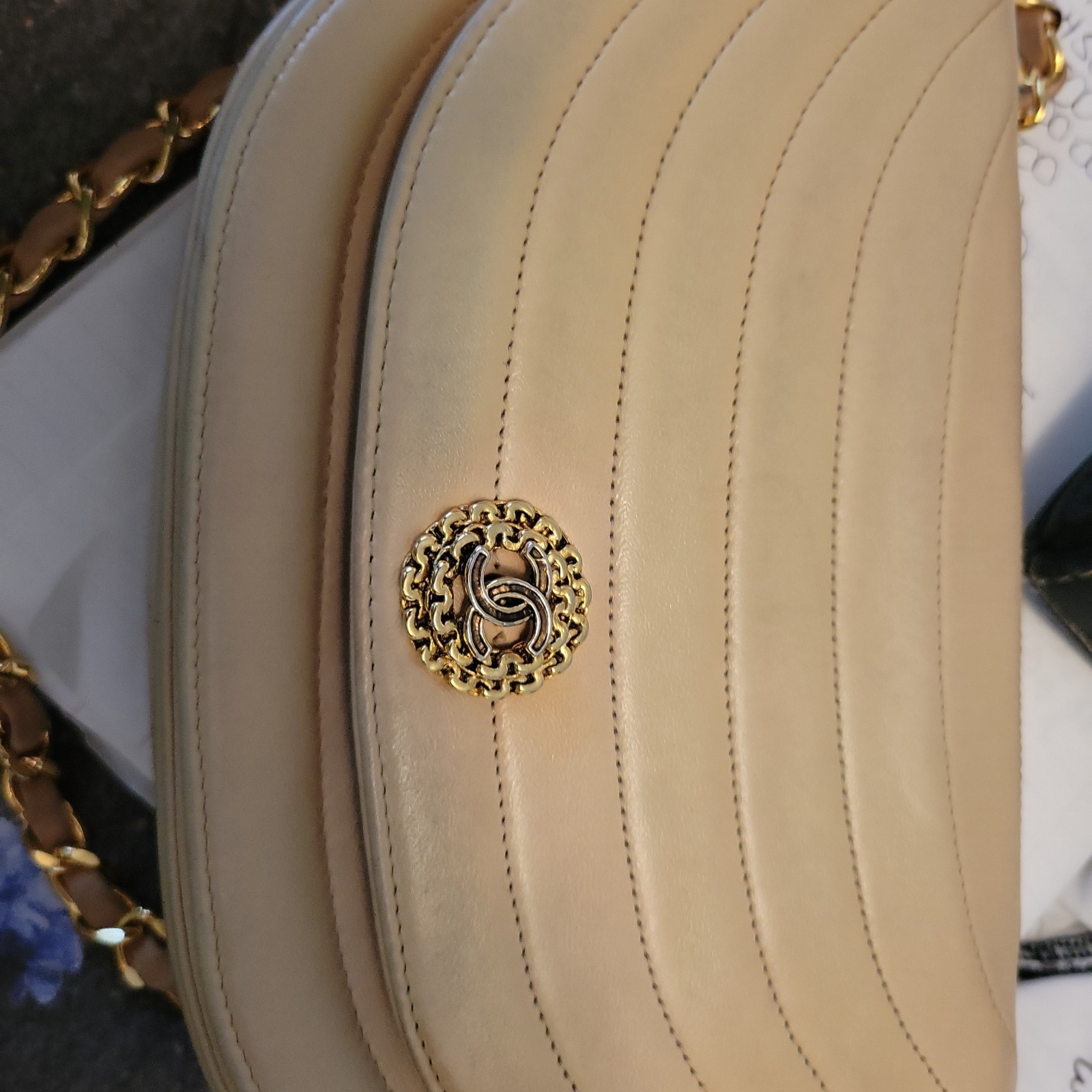 CHANEL Beige Small Half Moon Quilted Shoulder Bag Gold Chain Snap Closure