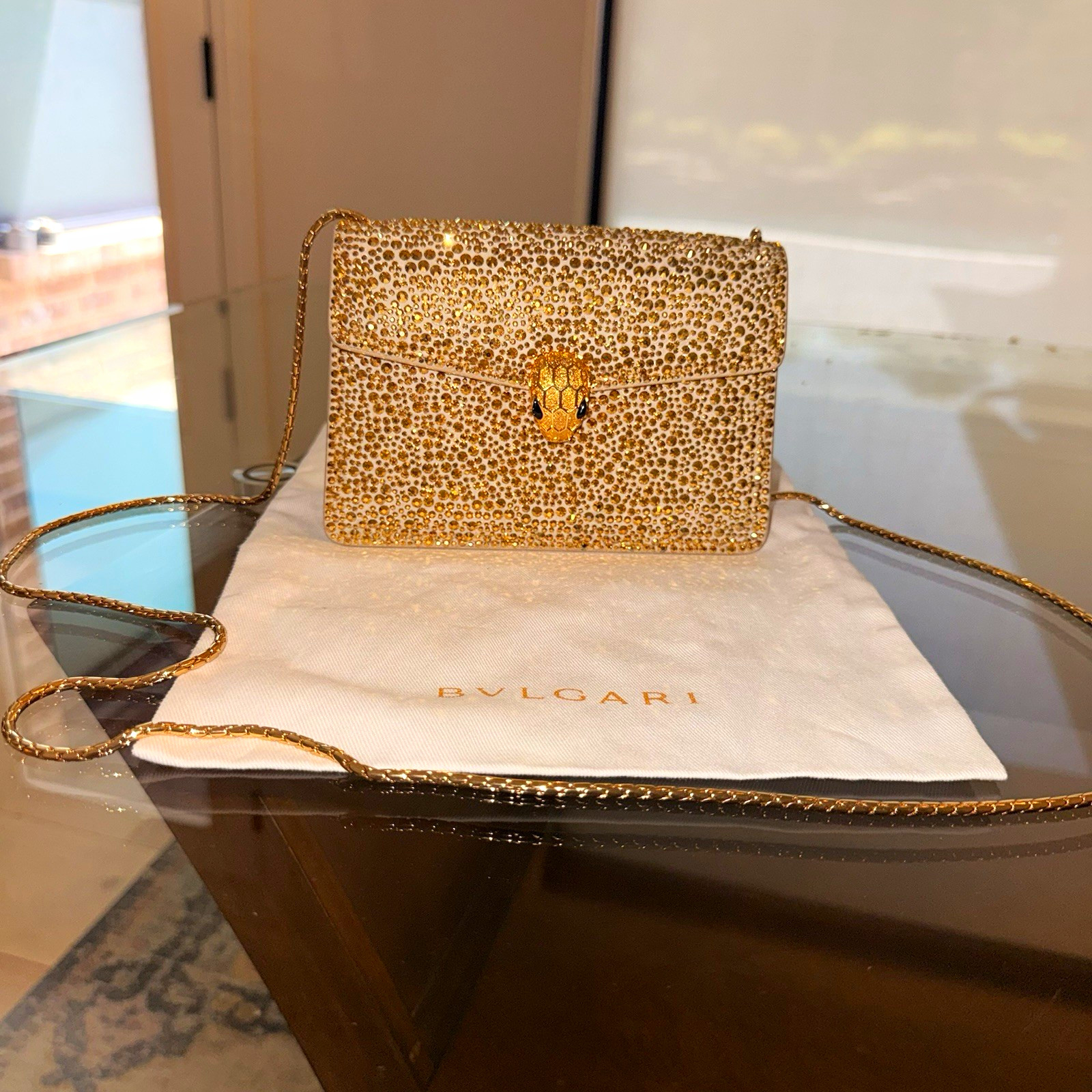 Bvlgari Serpenti Gold Metallic Crystal Snake Small Crossbody Bag Chain Strap