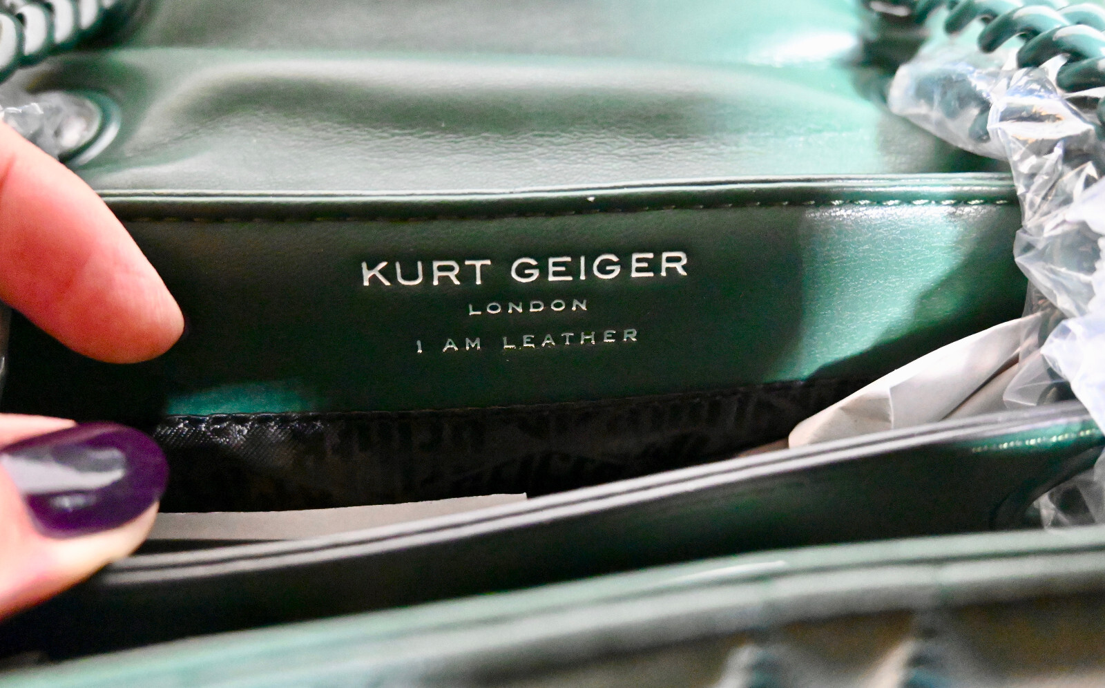 $295 KURT GEIGER London KENSINGTON Union Jack Drench Leather Handbag Dark Green