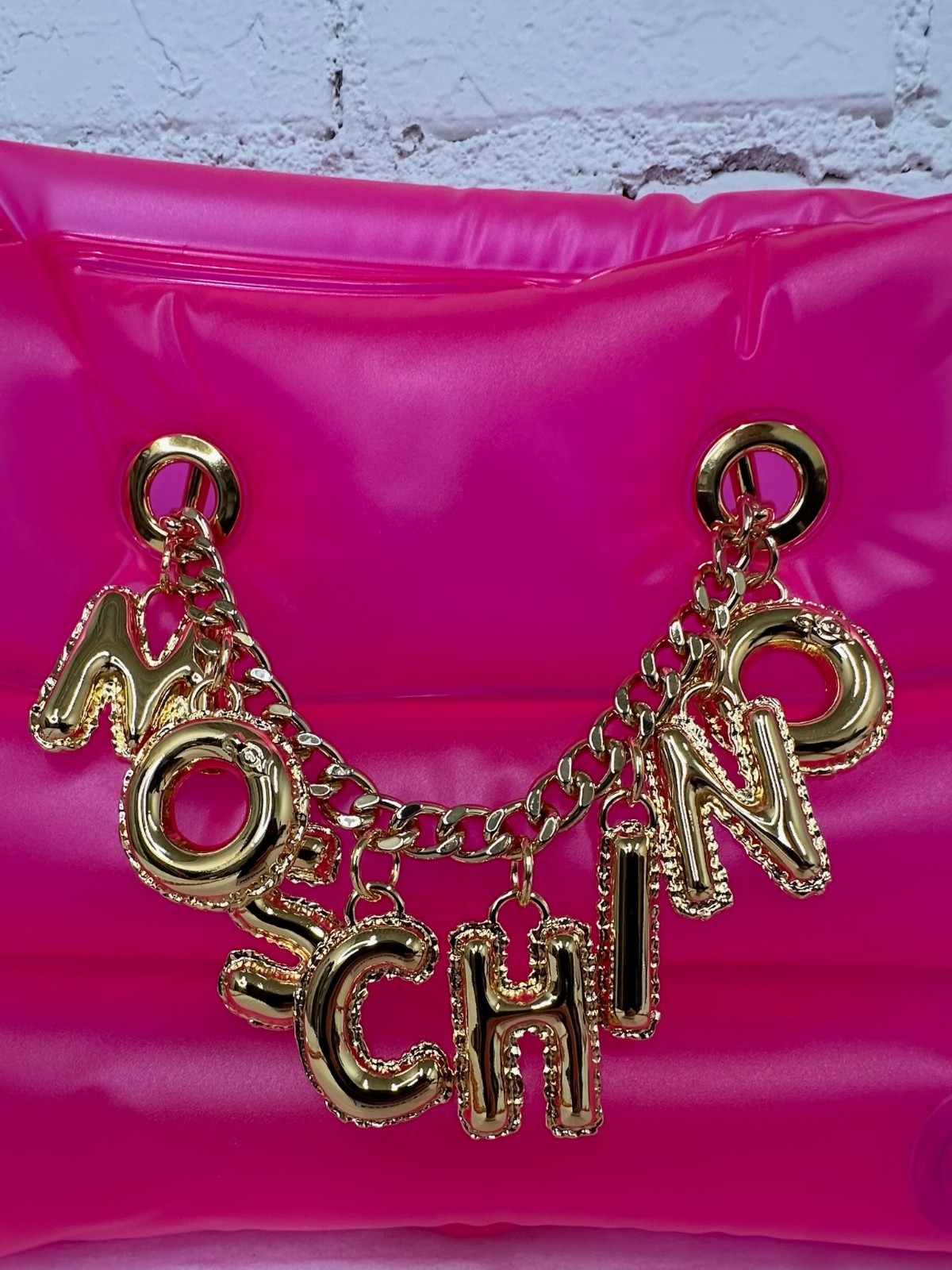 SS23 Moschino Couture Pink Inflatable Crossbody Bag with Logo Charm & Chains