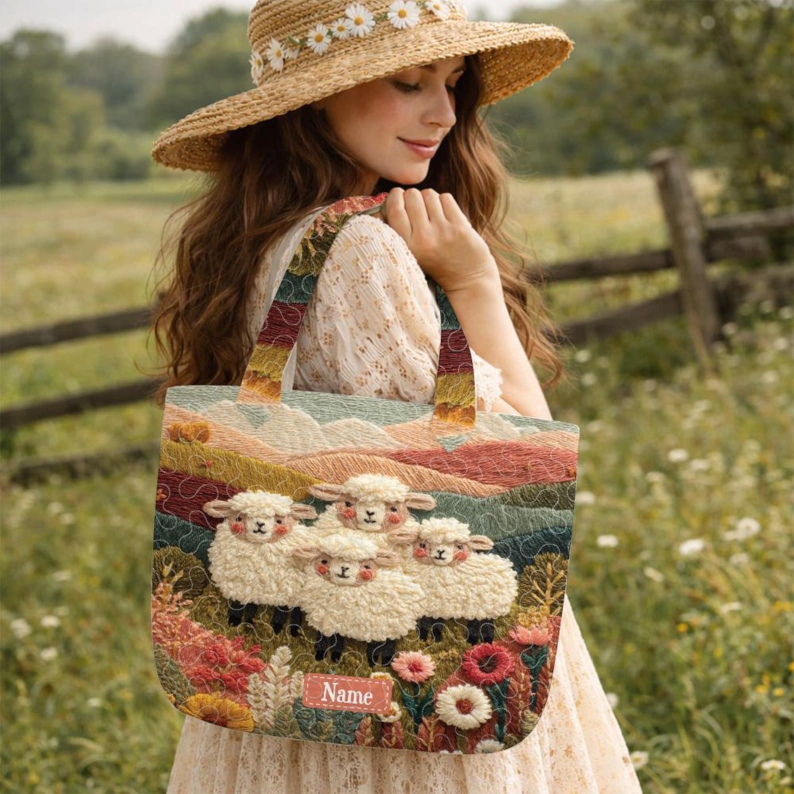 Fluffy Sheep Quilted Tote Bag, Personalized Lamb Farmhouse Purse, Knitter and Cr