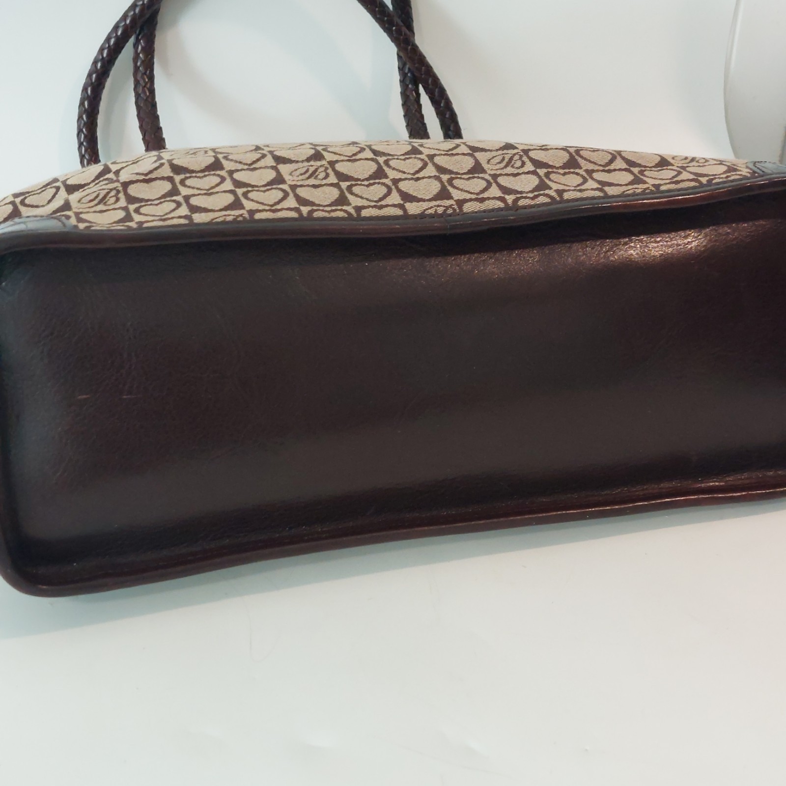 Brighton Brown Heart Logo Tote Bag Braided Handles Charm Leather Trim Large