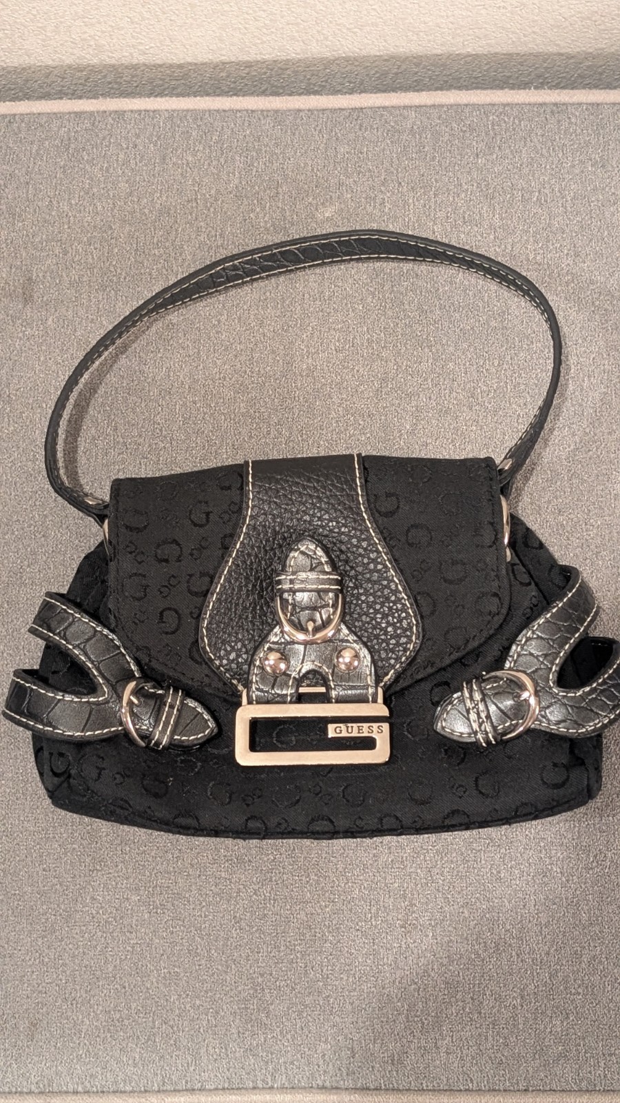 GUESS Y2K Mini Hand Shoulder Black Bag G Logo Monogram Silver Buckle Purse