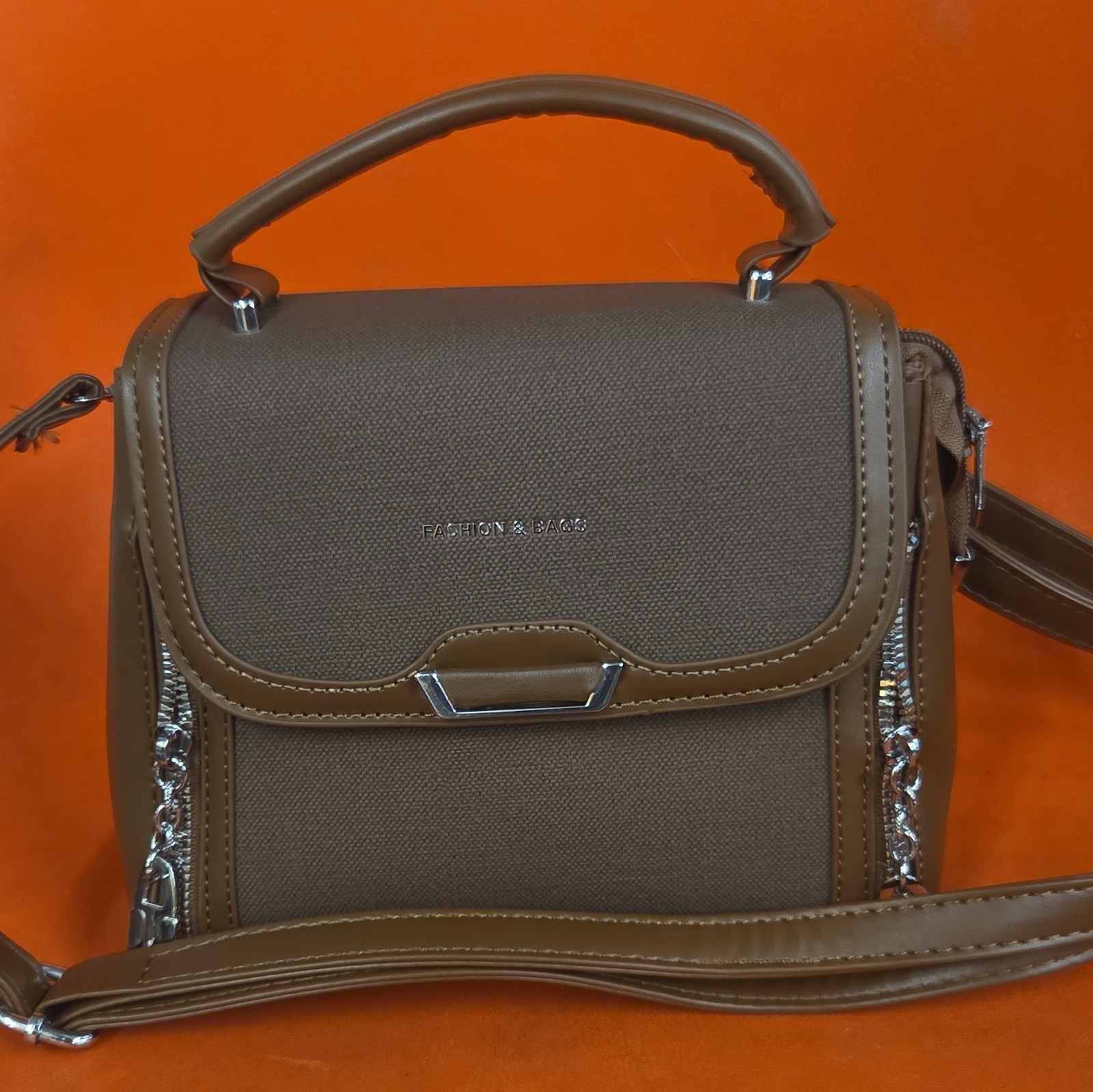 Women’s Small Brown Crossbody Top Handle Bag, Zip Closure, Detachable Strap