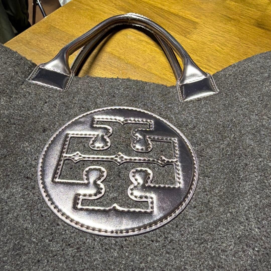 Tory Burch Brown Wool Felt Logo Embroidery Tote Bag 34cm 13.4in Womens
