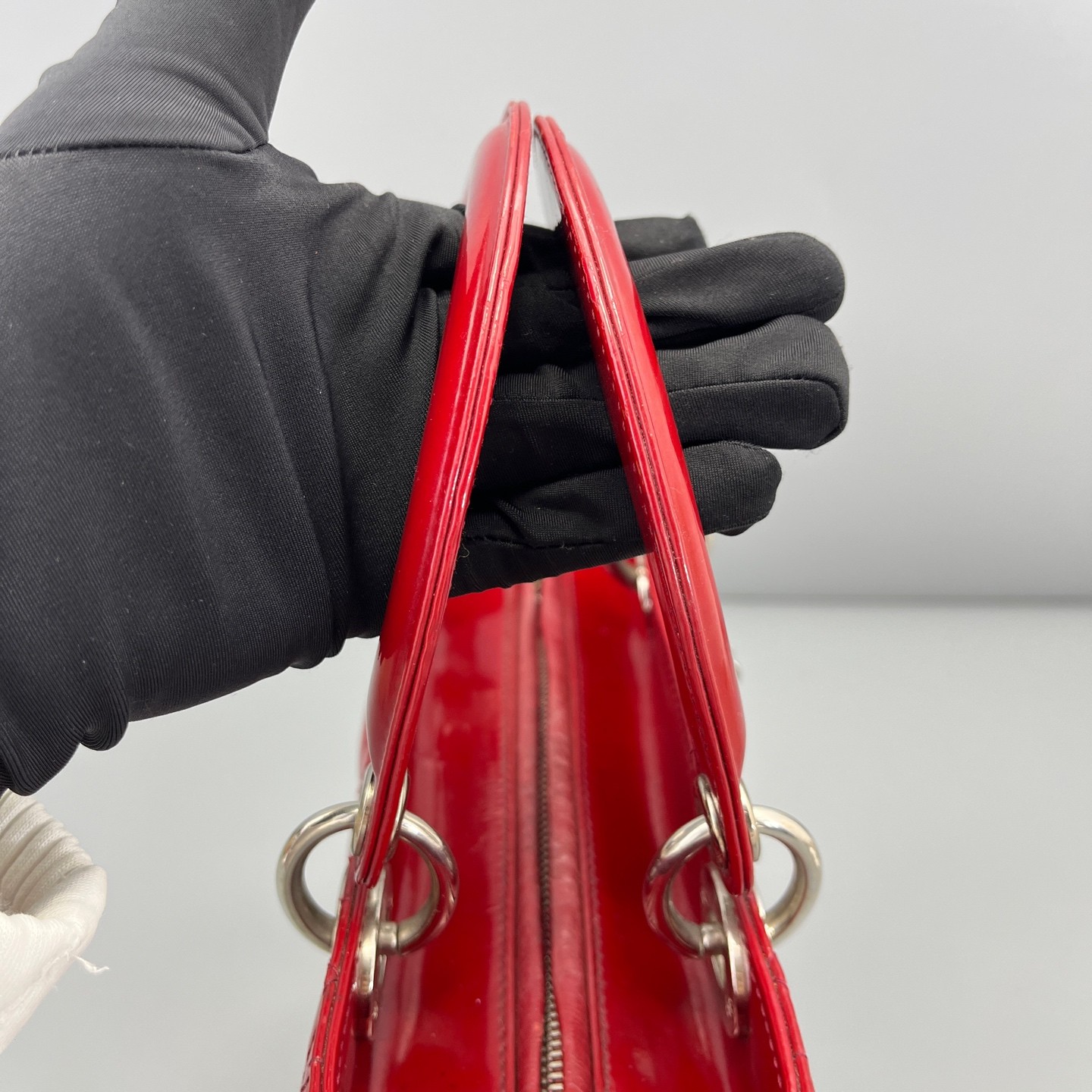 AUTH DIOR Lady Dior Medium Red Patent Leather Top Handle Bag.