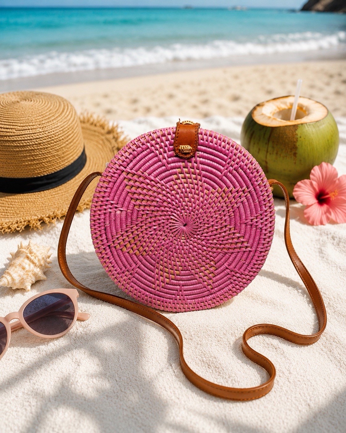 Street Level Pink Round Rattan Crossbody Bag Woven Straw Leather Strap Boho