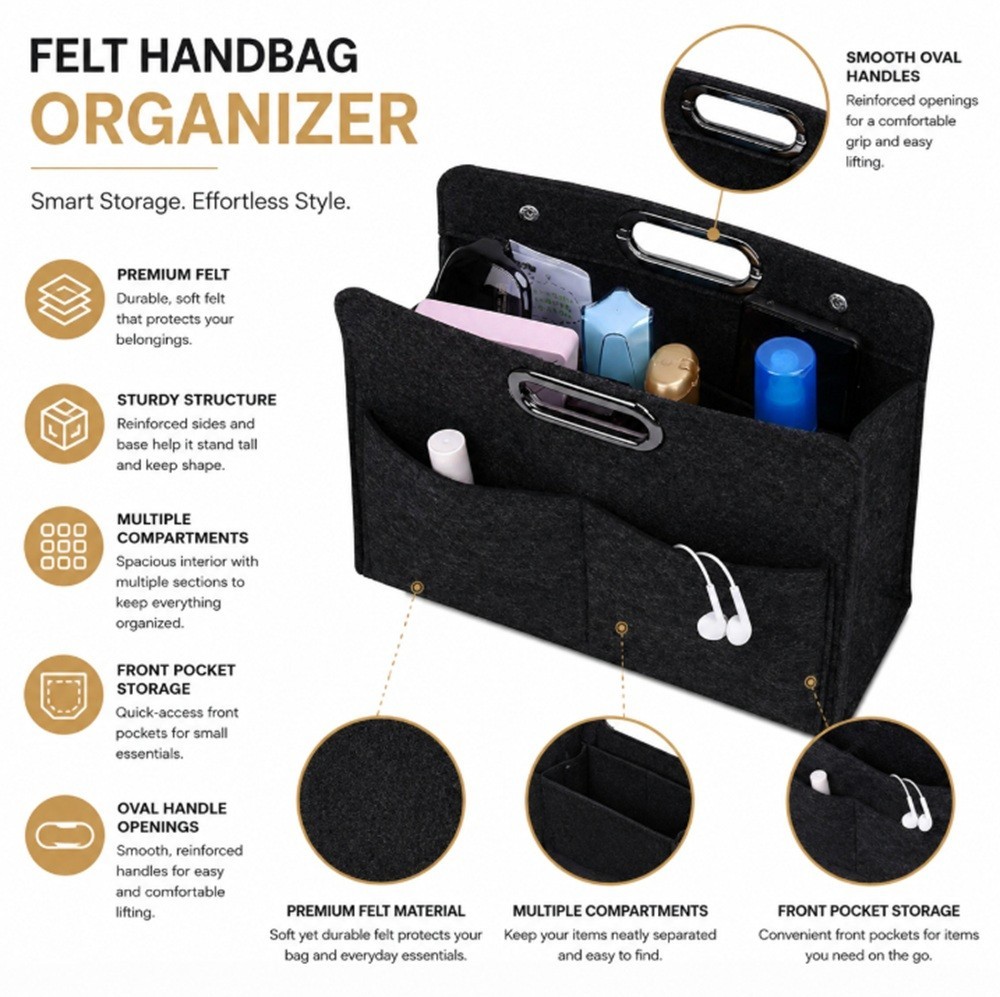 Felt Handbag Organizer Insert Multi Pocket Tote Purse Shaper Liner Bag Divider