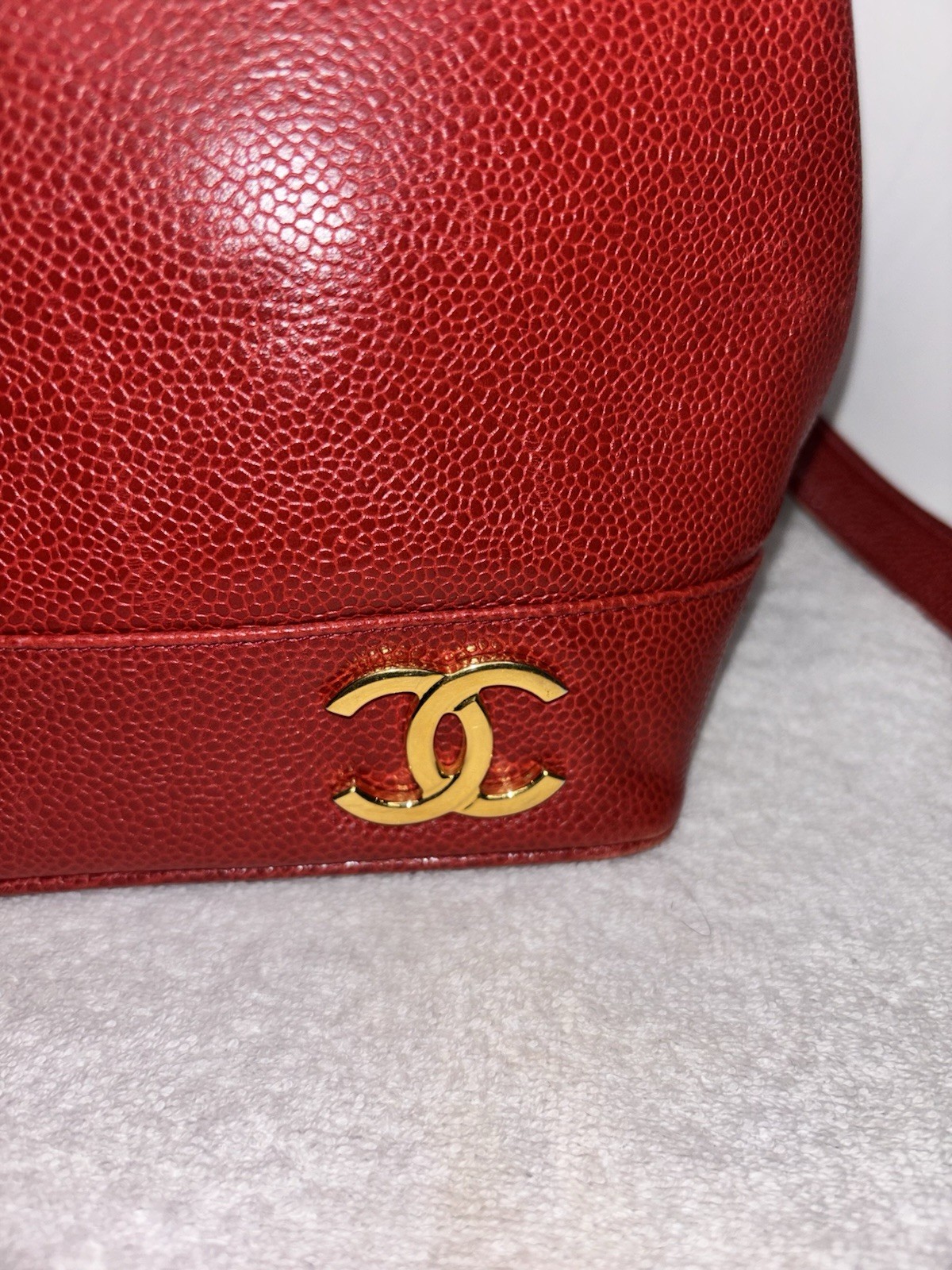 Vintage Chanel Red Caviar Leather CC Logo Shoulder Bag Gold Hardware