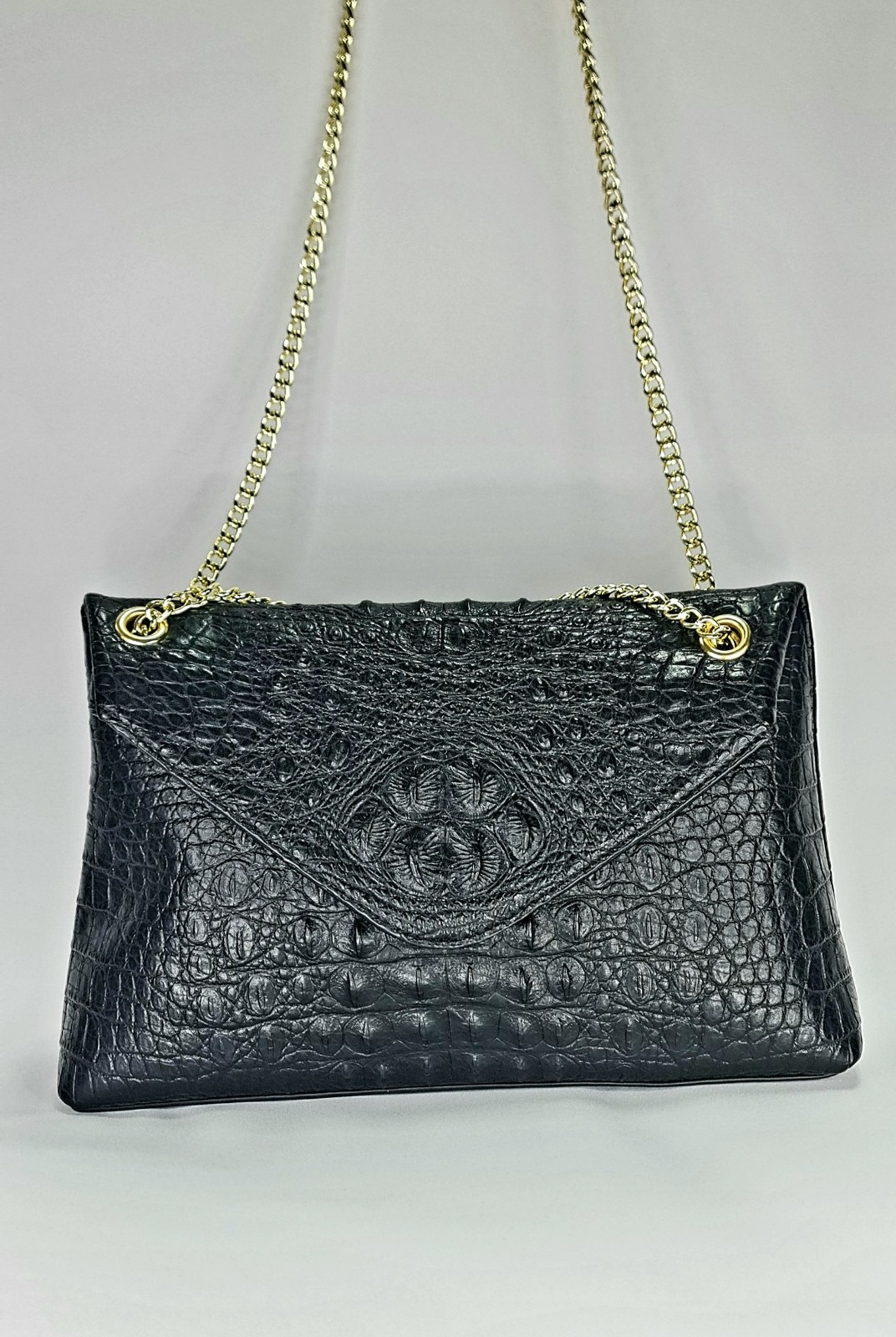 Black Croc Embossed Chain Shoulder Bag Gold 2 Way Crossbody Envelope Elegant