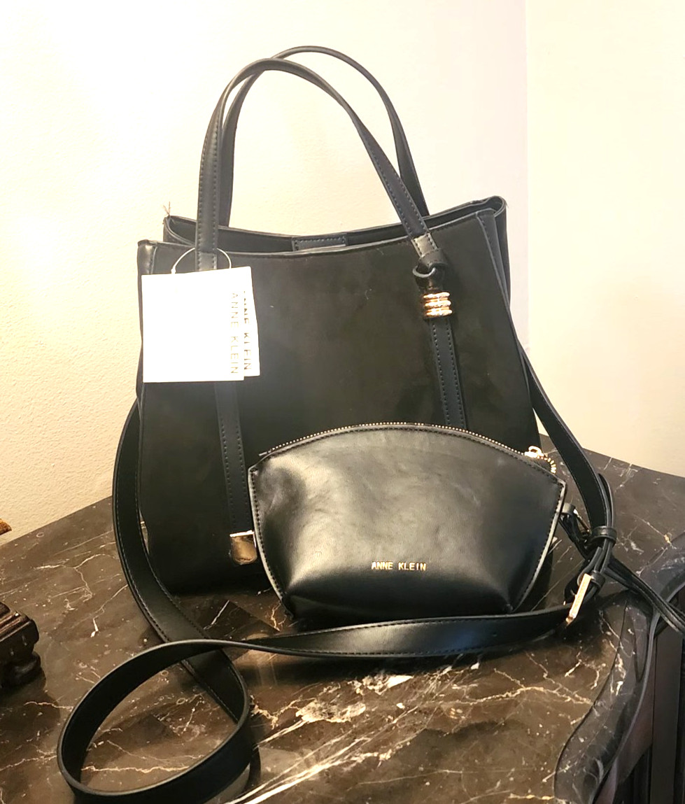 Anne Klein Monaco Collection Blk Crossbody Handbag with Matching Cosmetic Bag