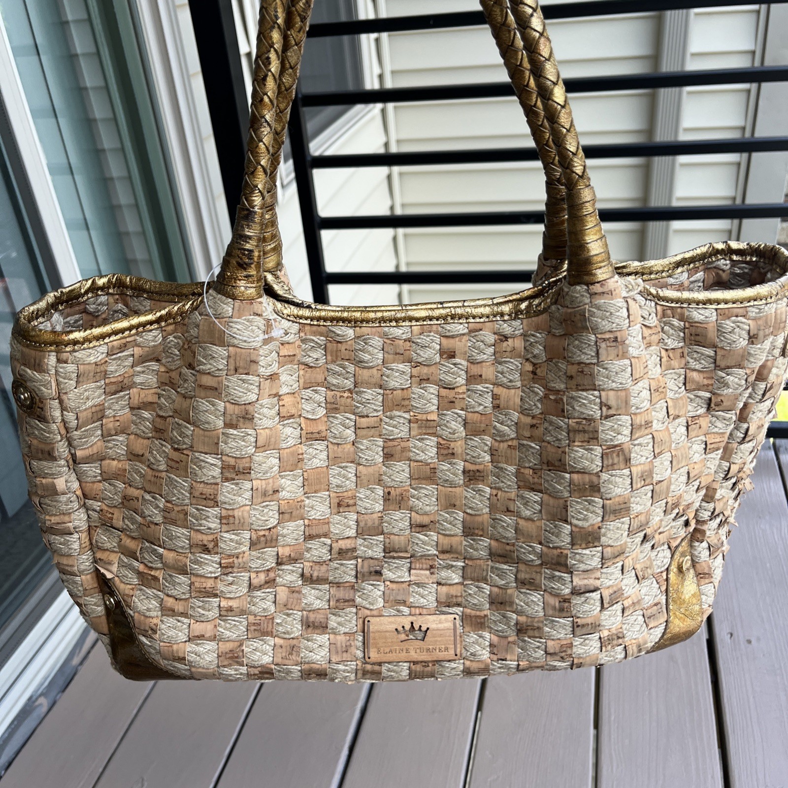 ELAINE TURNER Woven Cork Rope Tote Shoulder Bag Gold Leather Handles Boho