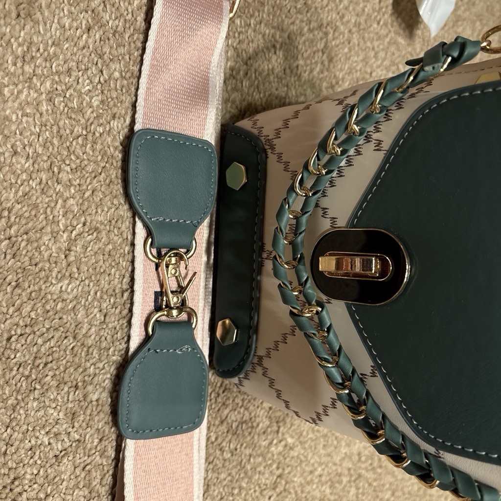 White/Teal Geometric Crossbody Bag Turn Lock Gold Hardware Pink Strap Small