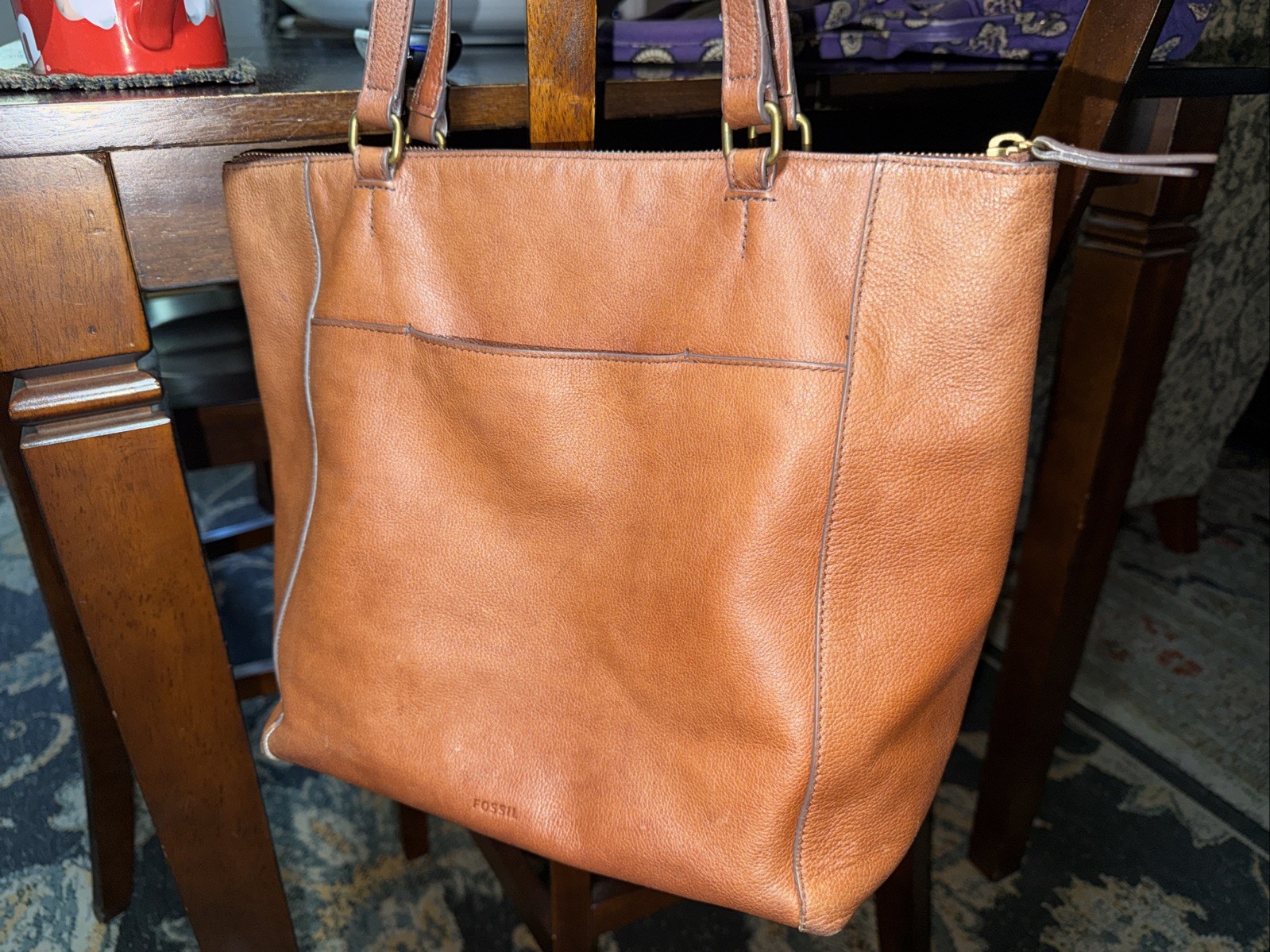 Fossil Tara Leather Shopper Tote Handbag Cognac 12x11x6” (R)