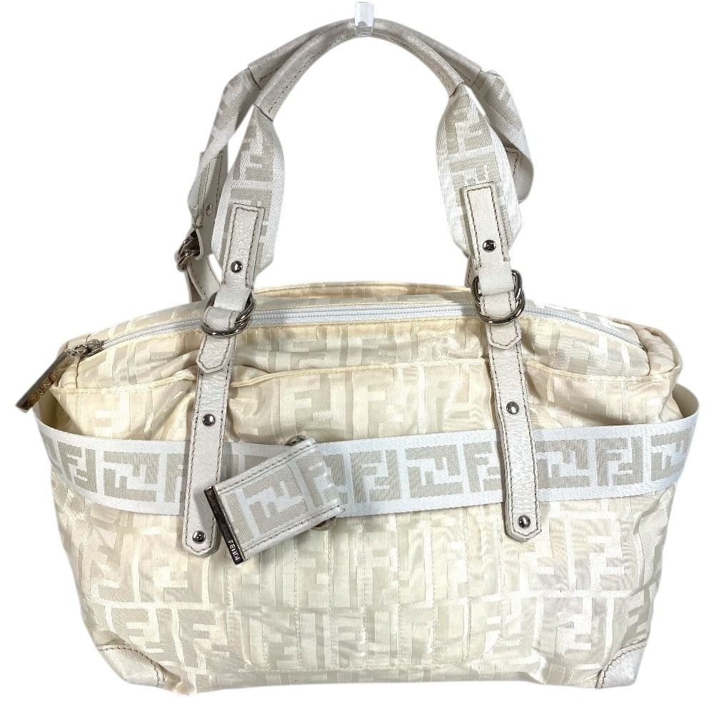 Authentic Fendi Zucca FF Logo Handbag 28.5cm White Canvas Leather Damaged