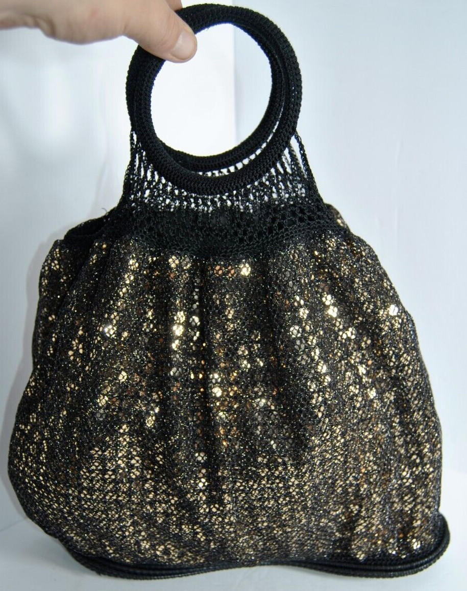Black Crochet Knit Gold Sequin Hobo Handheld Purse 12 Long x 15 in Tall