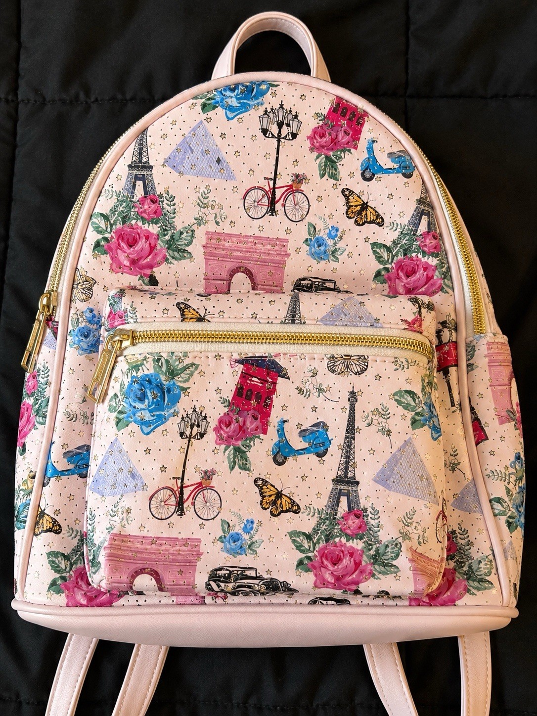 Pink Paris Floral Print Mini Backpack Purse Zip Closure Adjustable Strap Gold HW