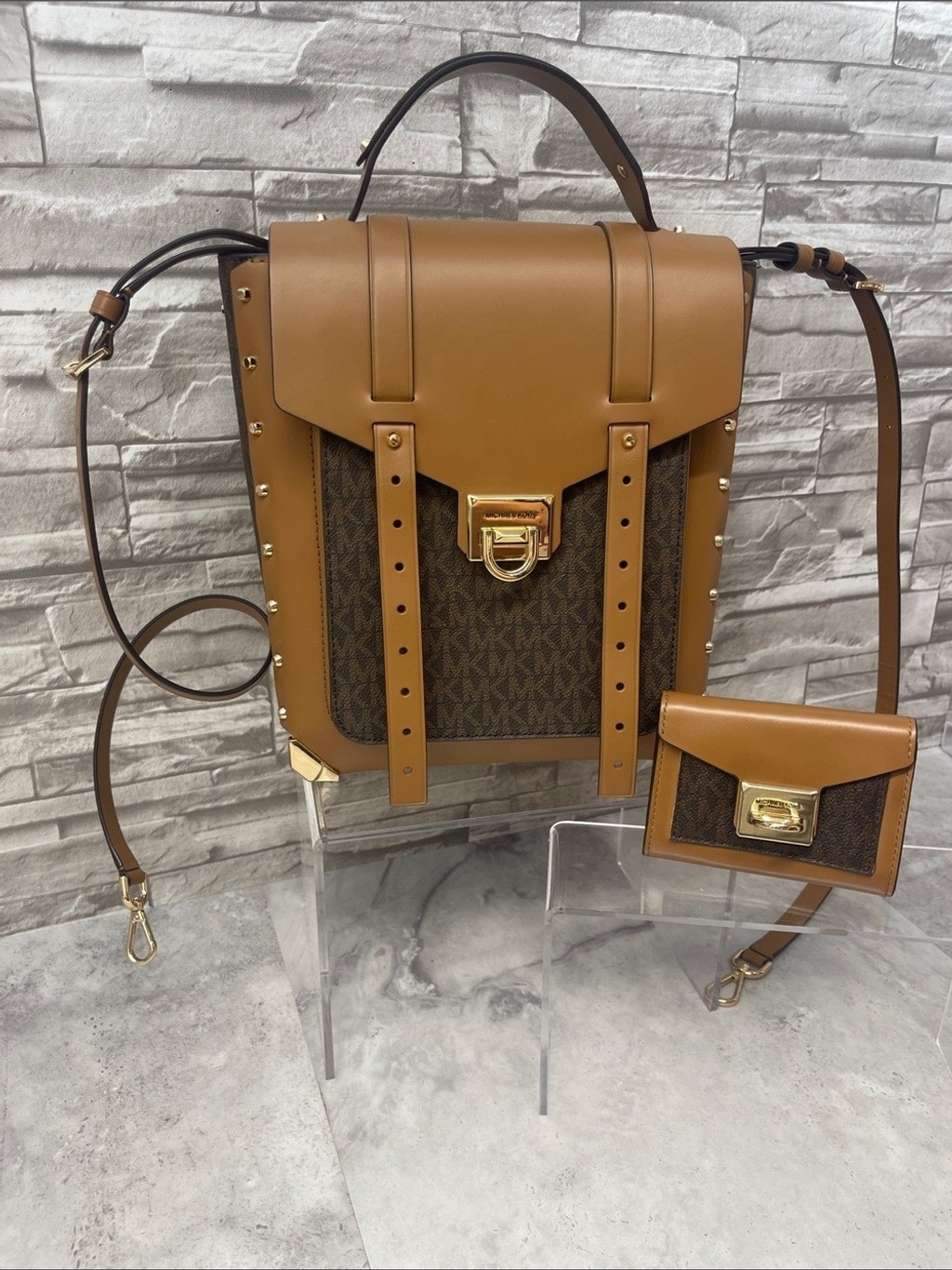 Michael Kors Manhattan Backpack Satchel & Matching Wallet Brown MK Logo