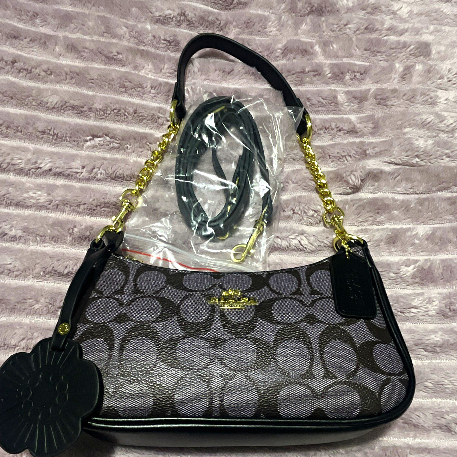 Coach Signature Small Shoulder Bag Zip Chain & Detachable Crossbody Strap Charm