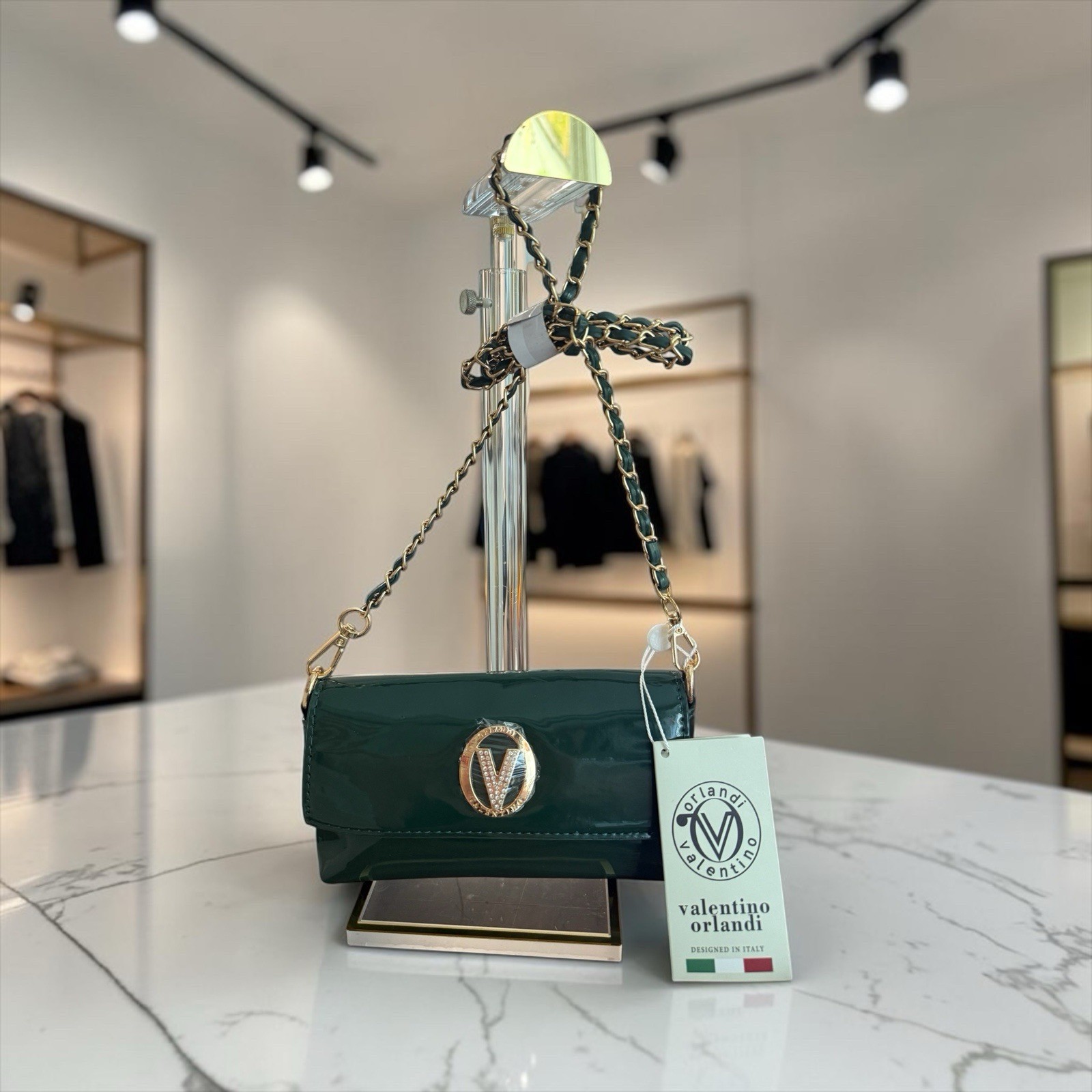 Valentino Orlandi Green Patent Leather Crossbody with Gold V Logo NWT