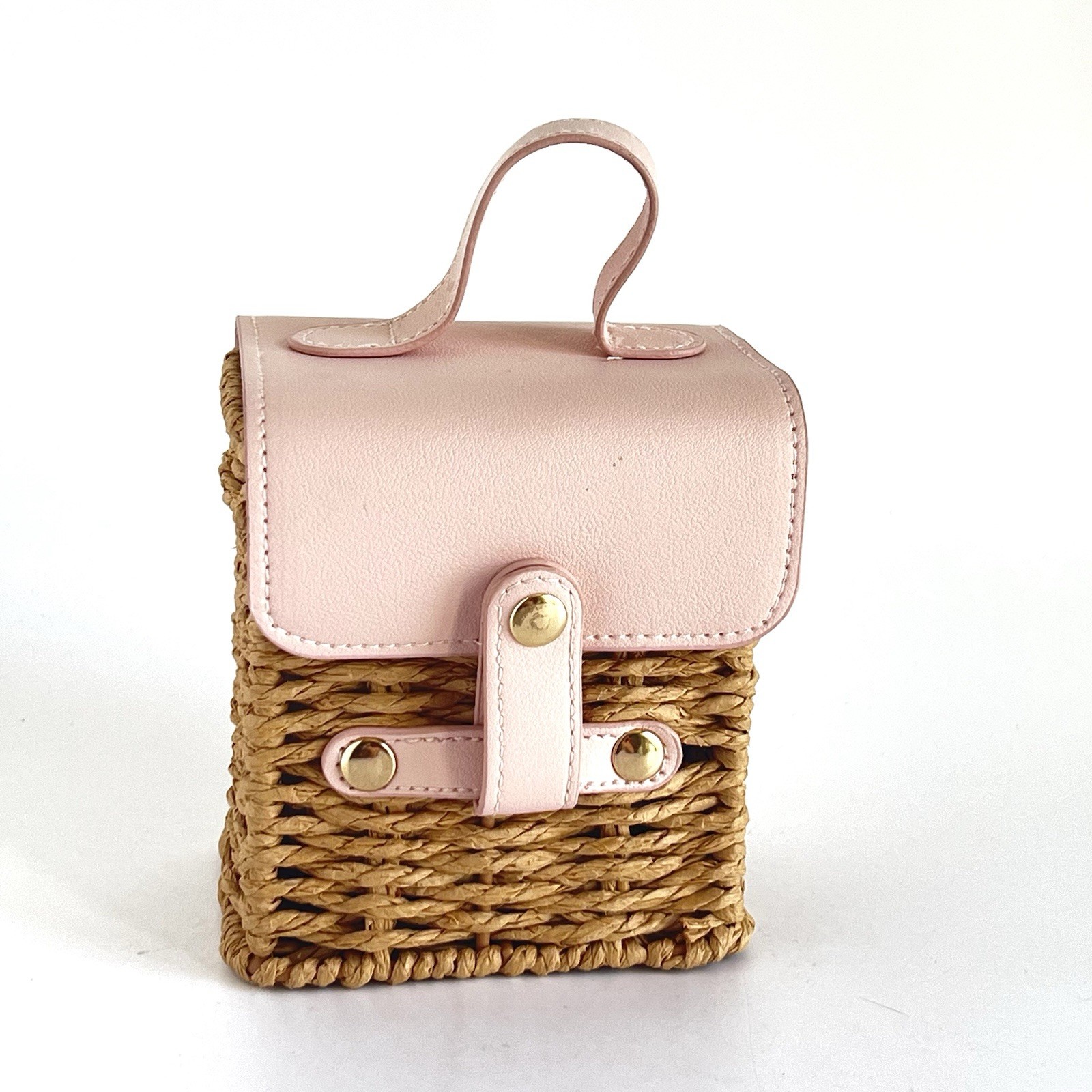 Purse Raffia Woven + Pink Faux Leather Latch Wicker Basket Mini Cute Gift 5”