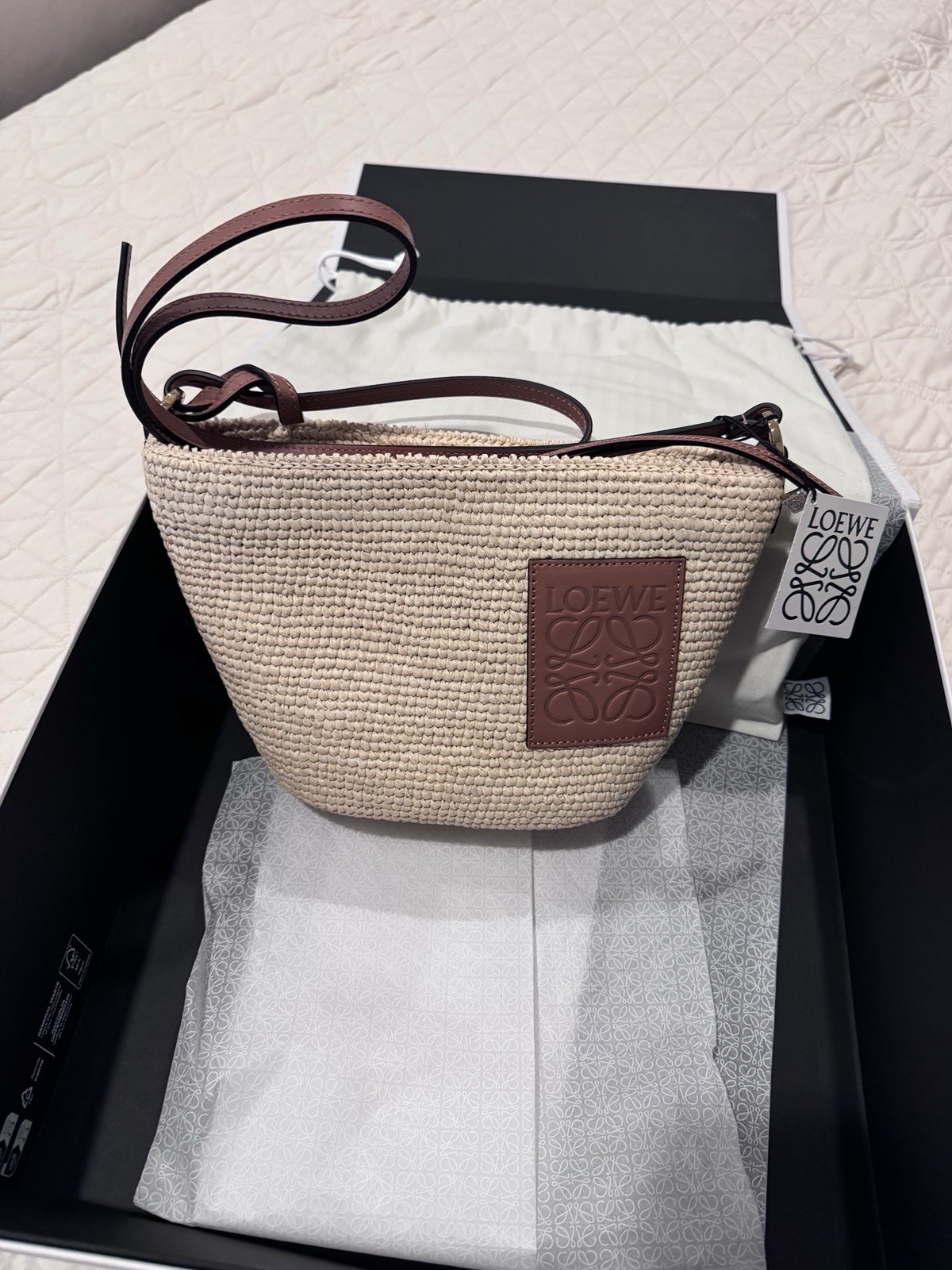 Loewe Slit pochette bag in raffia and calfskin- NEW