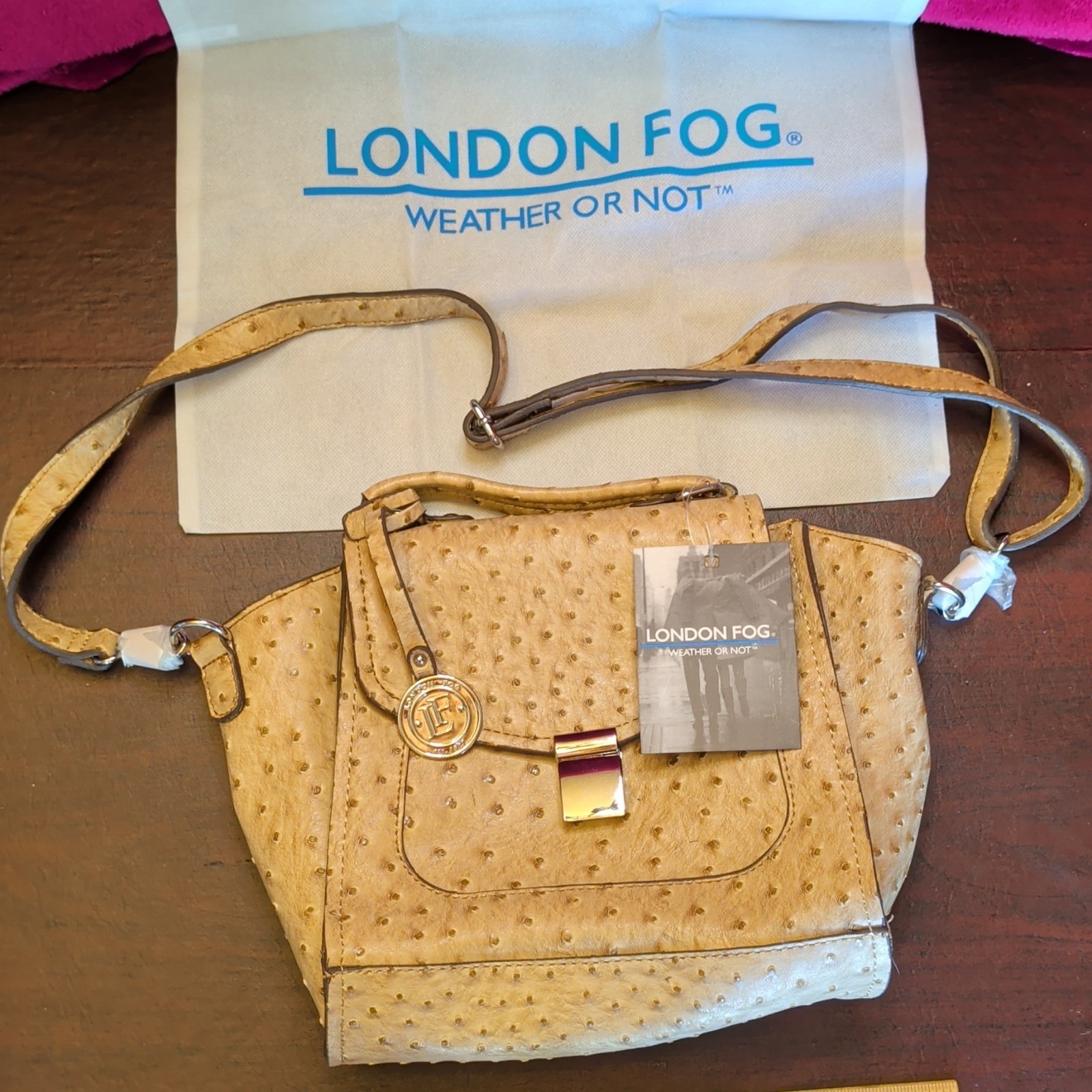London Fog Beige Faux Ostrich Satchel Top Handle, Magnetic, Detachable Strap