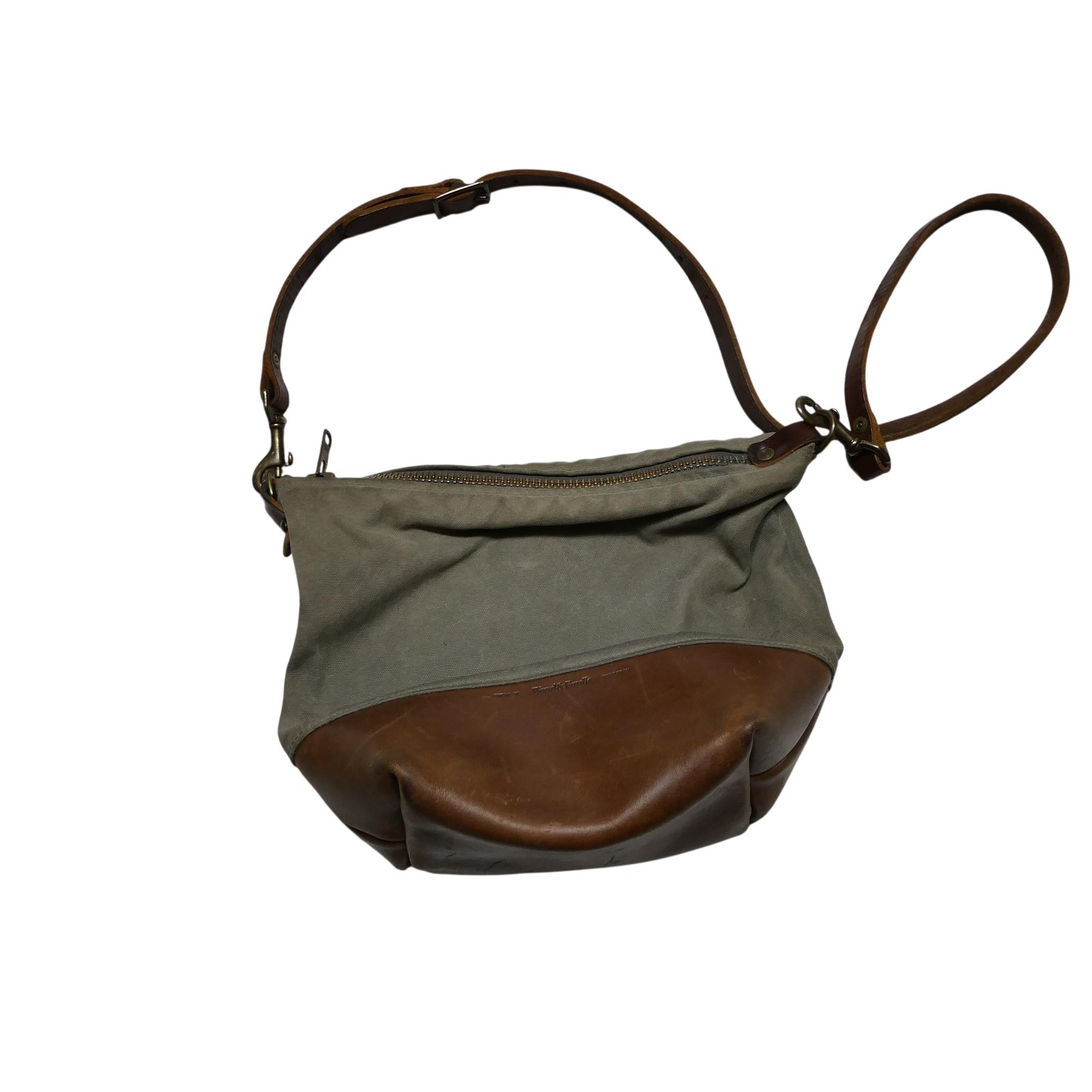Wood & Faulk Crossbody Bag Womens Medium Green Canvas Leather Made USA Zip Top