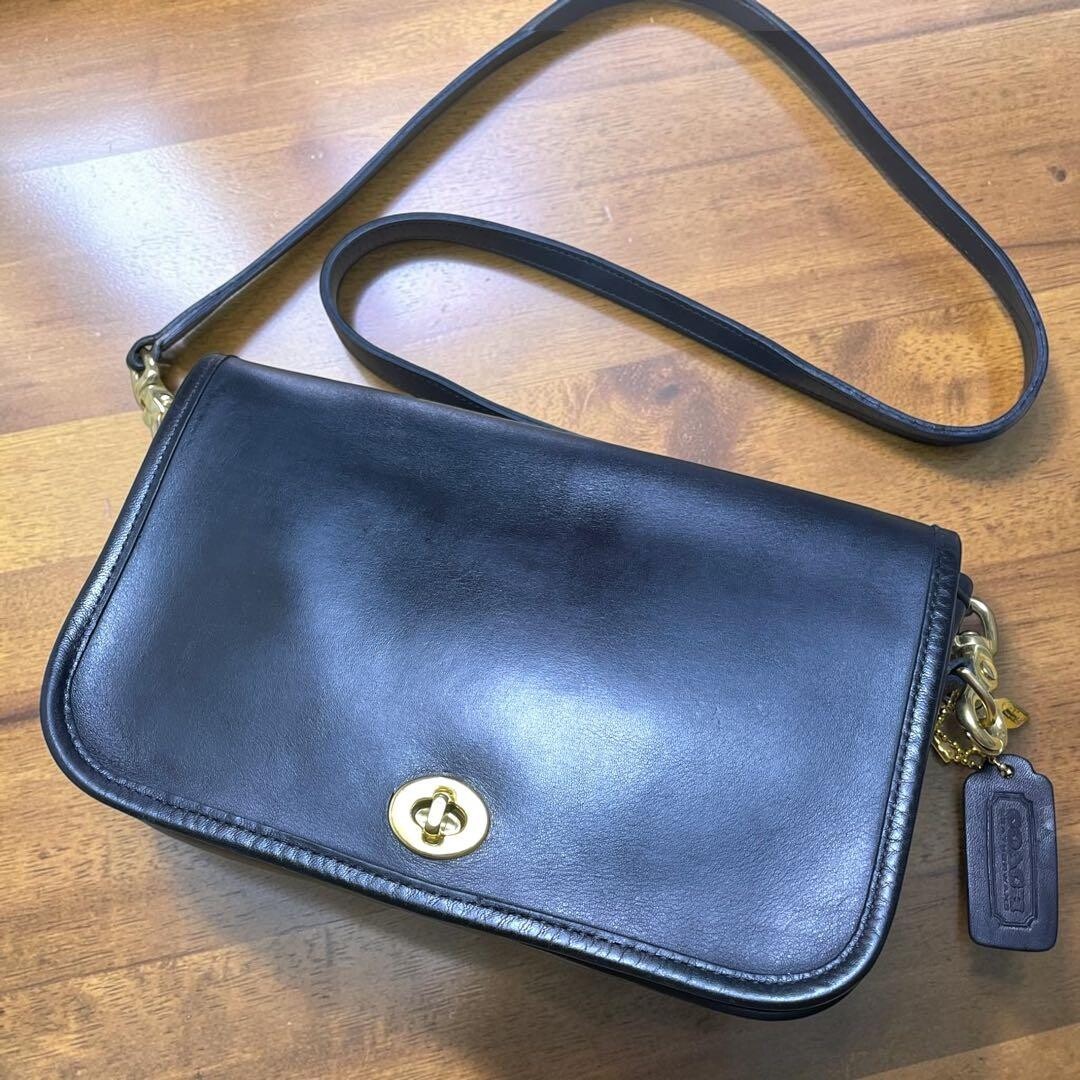COACH 9755 Black Leather Turn Lock Shoulder Bag USA Vintage Pocket 26cm 117cm