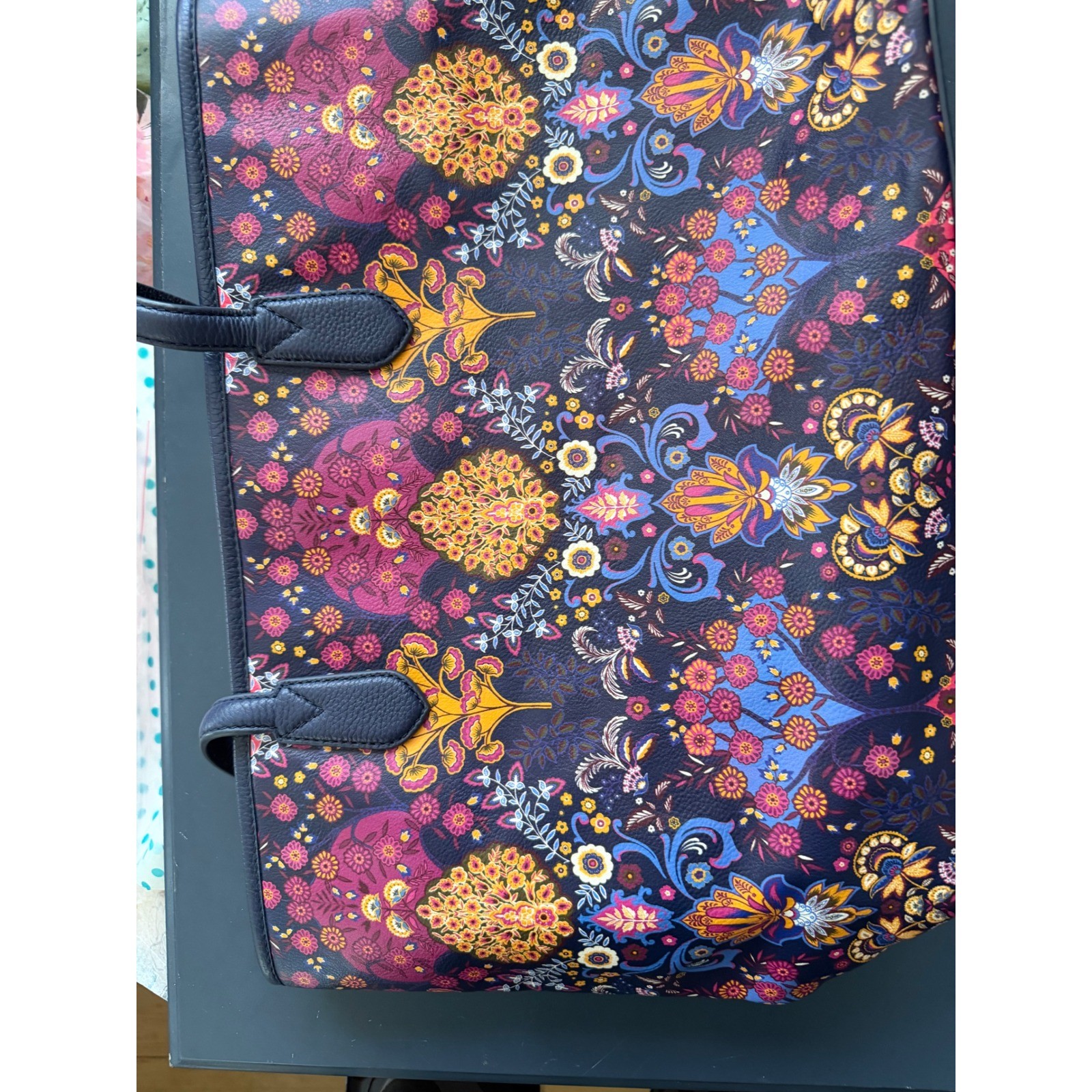 Talbots Navy Blue Floral Paisley Print Faux Leather Tote Bag NWT